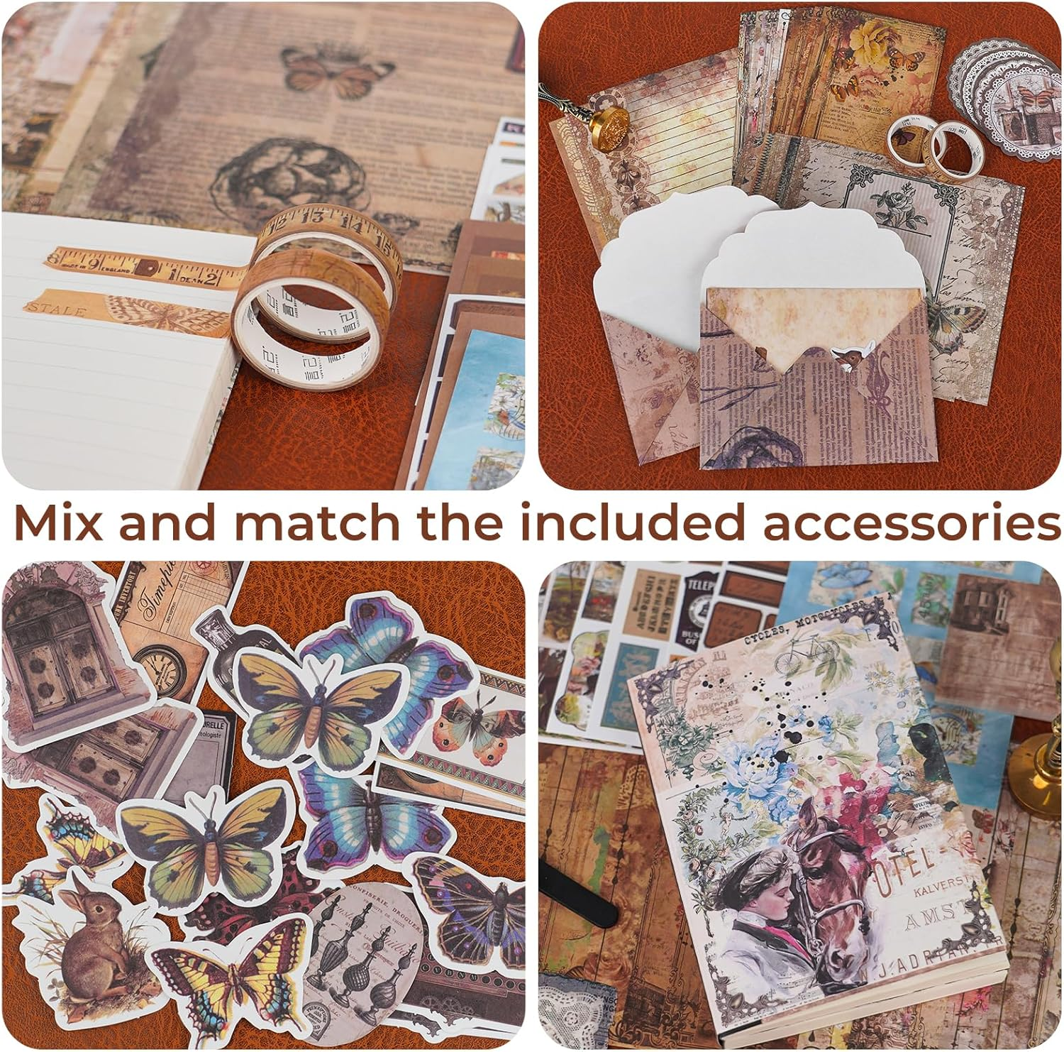 Funto Scrapbooking Kit (202 PCS), Vintage Collection-Wisteria & Butterfly, Perfect for Bullet Scrapbooking Materials, Planner DIY Arts Craft Collage image number 5