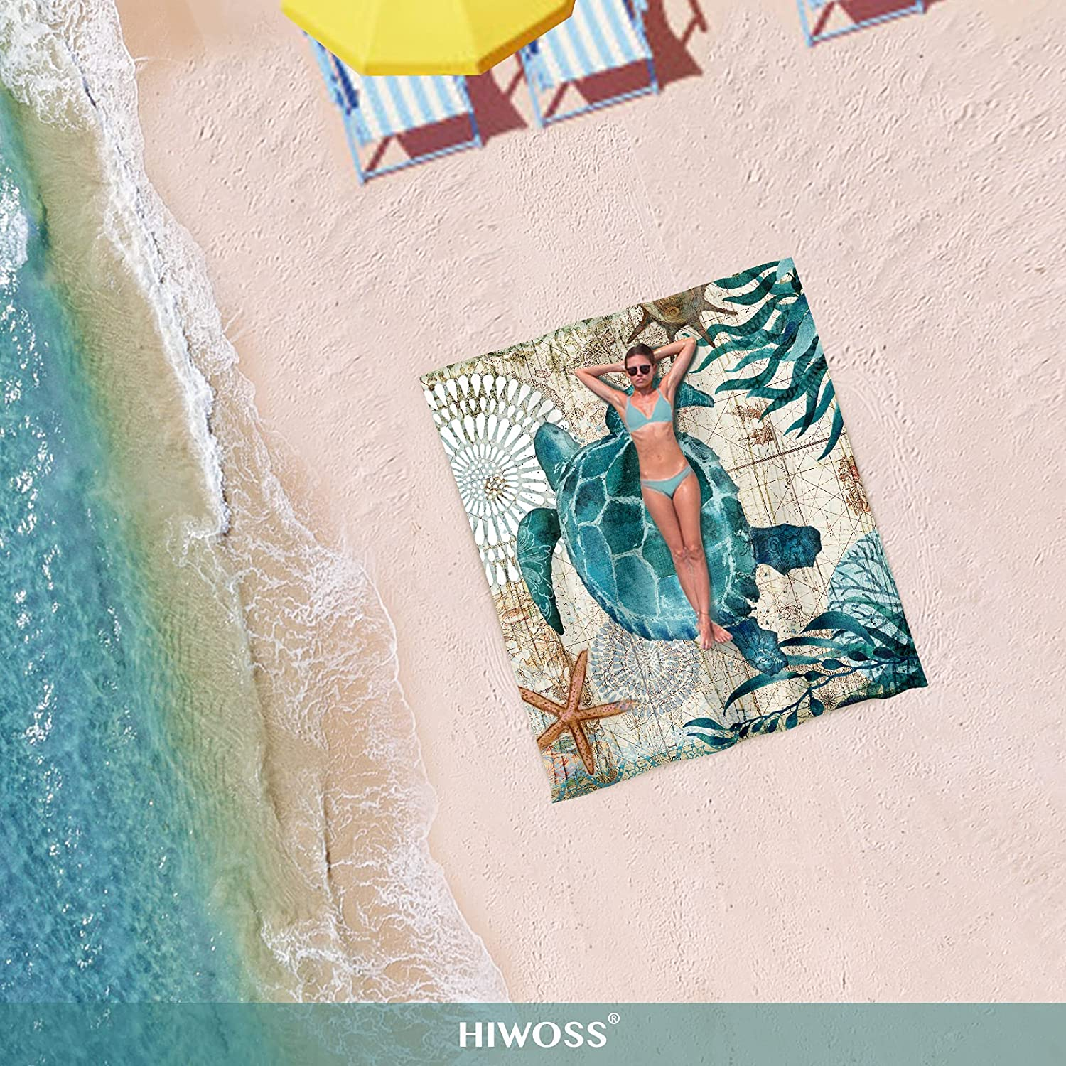 Beach Blanket Waterproof Sandproof Oversized 95&rdquo;X 80&rdquo;,Sand Free Beach Mat with Corner Pockets,Portable Mesh Bag for Beach Festival,Picnic,Travel and Outdoor Camping (Seaturtle) image number 5