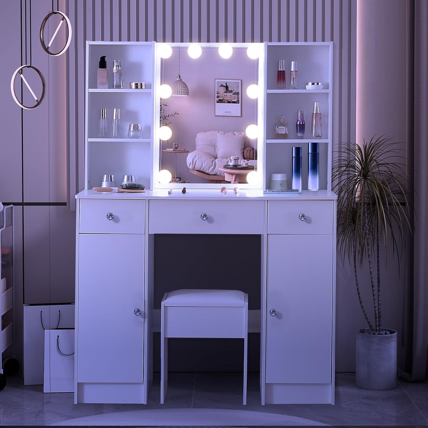 Vanity Table with Mirror and Lights, Vanity Table with 3 Drawers and 2 Doors, Makeup Table with Shelves and Stool, Large Vanity Set for Girls and Women, White image number 2