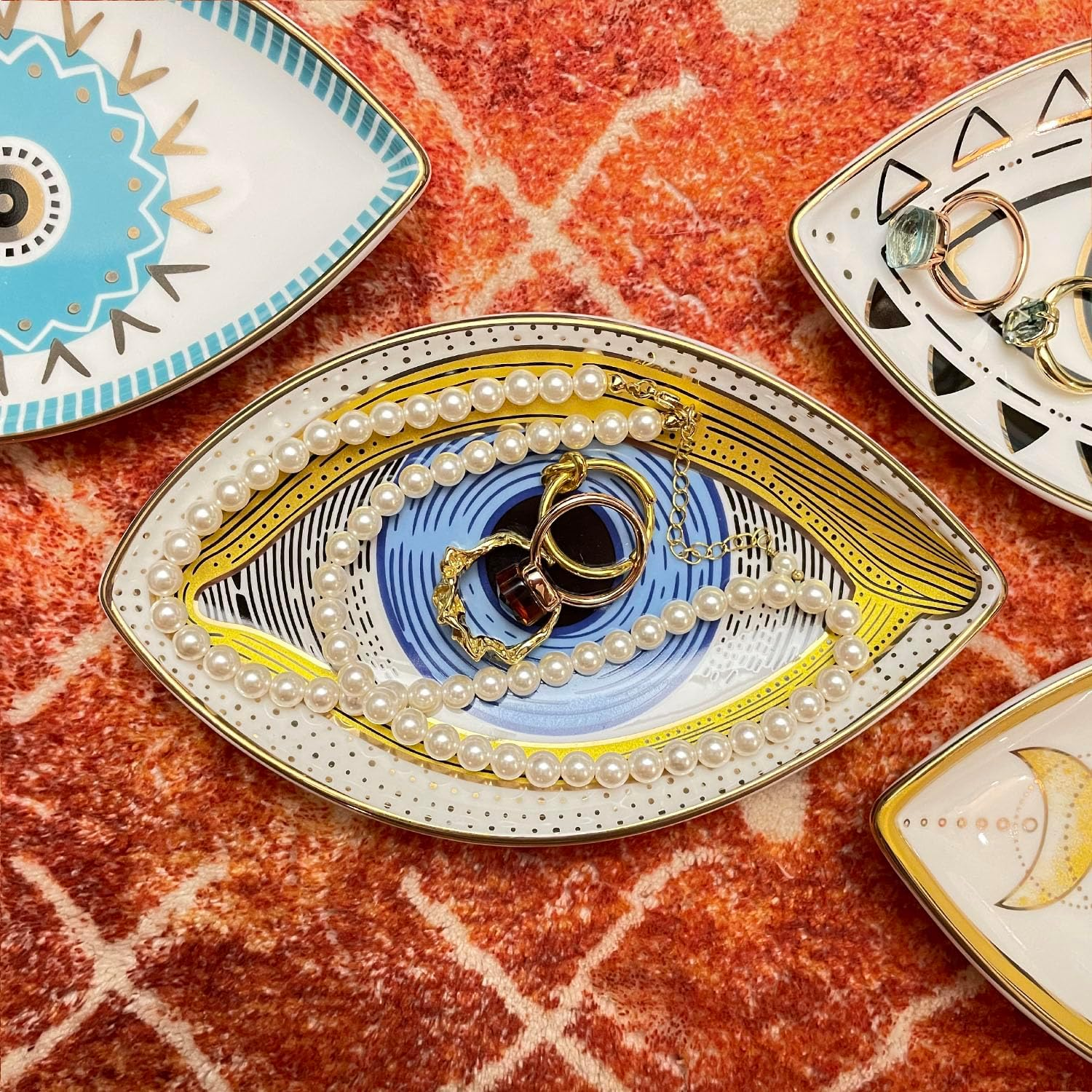 Exquisite Small Ceramic Jewelry Tray - Trinket Dish Evil Eye Decor, Gold Plate Ring Holder, Modern Boho Home Essentials, Perfume Organizer, Witchy, Aesthetic Room Decor, 5.9" X 3.5" (Pharaoh) image number 2