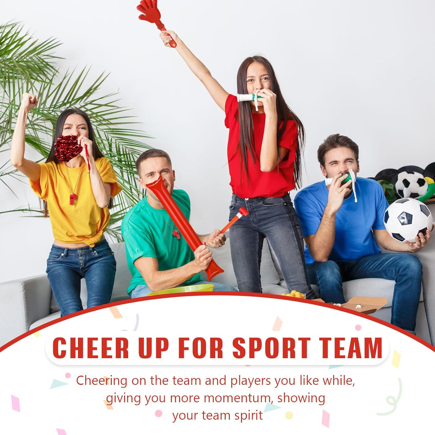 48 Pcs Cheerleading Pom Poms Thunder Sticks Hand Clappers Plastic Whistles with Lanyards Squawker Horns - Biue image number 5