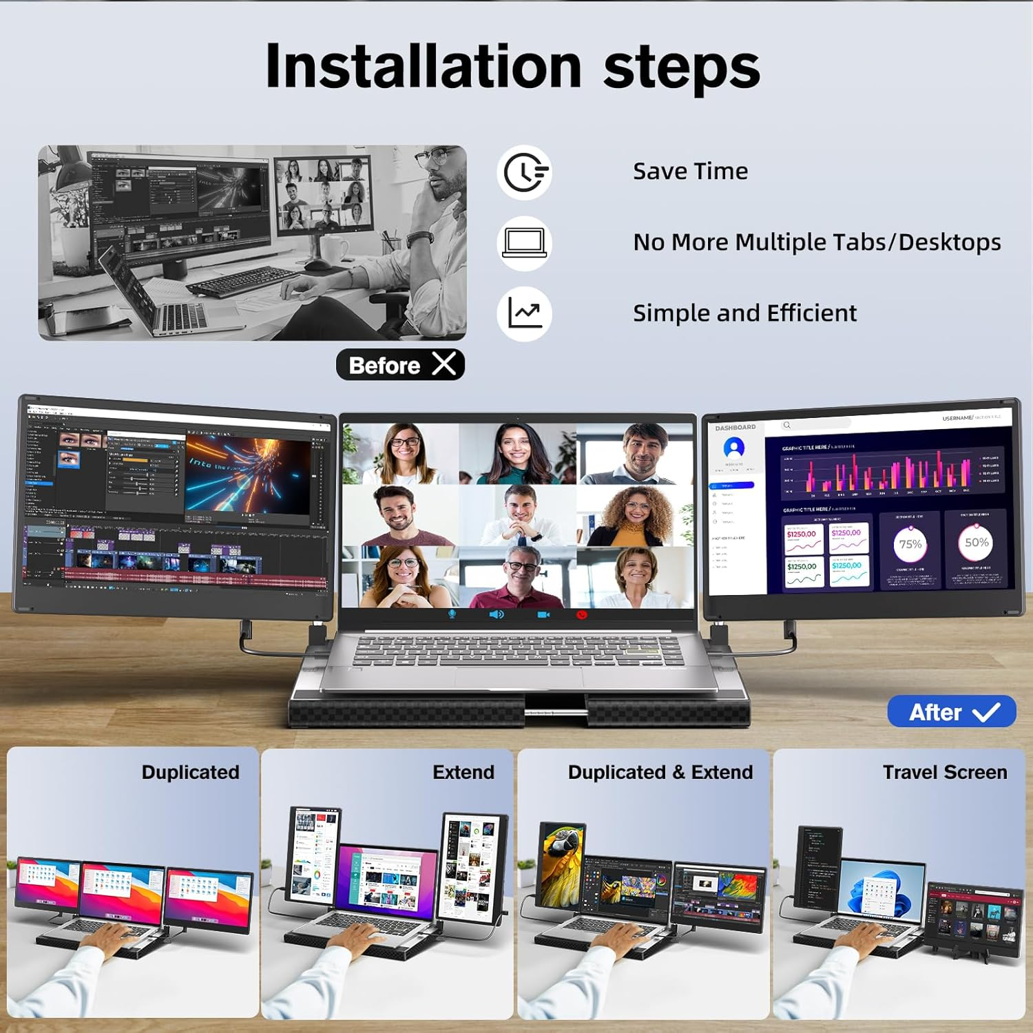 Laptop Screen Extender Portable - 14" Monitor IPS FHD 1080P HDMI USB-C Triple Detachable Display for 12-17.3 Inch Laptops Compatible with Windows Mac Chrome Surface Metal Base Travel Work Setup image number 3