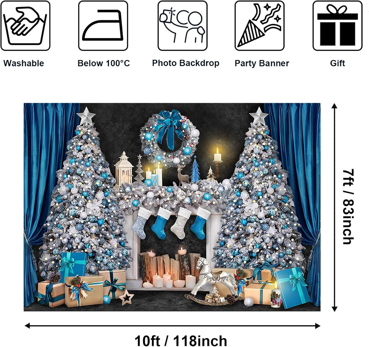 Avezano 10X7Ft Christmas Fireplace Backdrop Blue Christmas Tree Background for Photography Vintage Xmas Night Photobooth Party Decoration image number 2