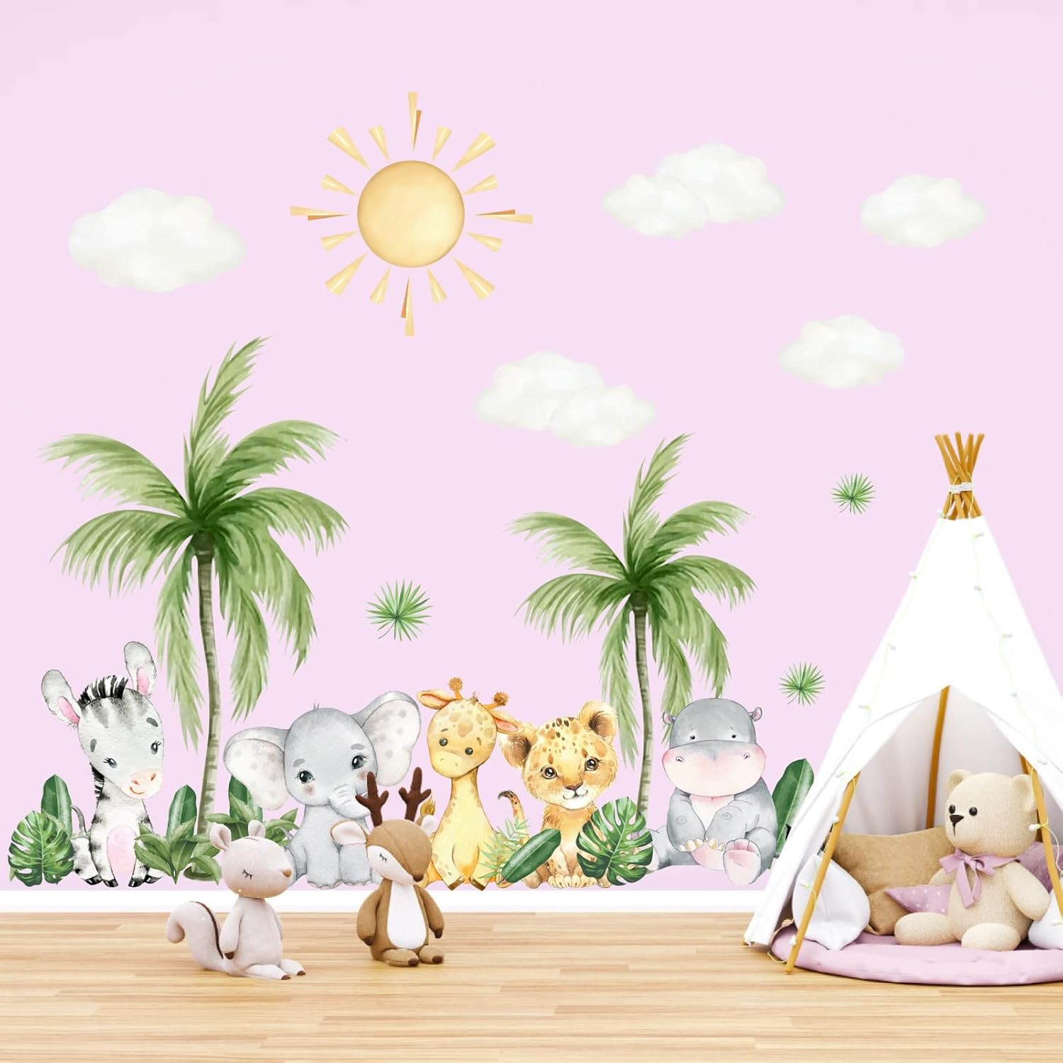 Cartoon Tree Animal Wall Stickers Safari Jungle Animal Wall Decals Cute Animal Wall Stickers Jungle Tree Wall Decals Zoo Animal Wall Stickers for Baby Room Nursery Living Room image number 1