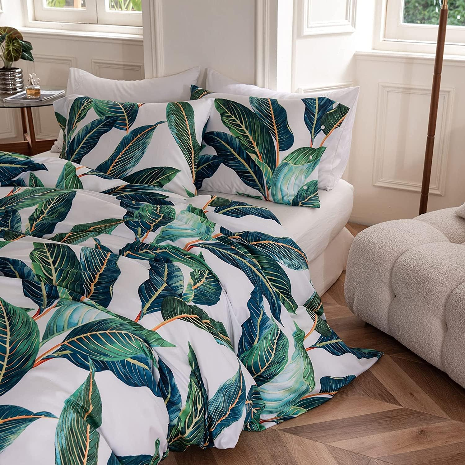 AMWAN Green Leaves Duvet Cover Set King Chic Floral Cotton Tropical Bedding Long Staple Cotton Duvet Comforter Cover Set Bedding Cover Set King image number 5