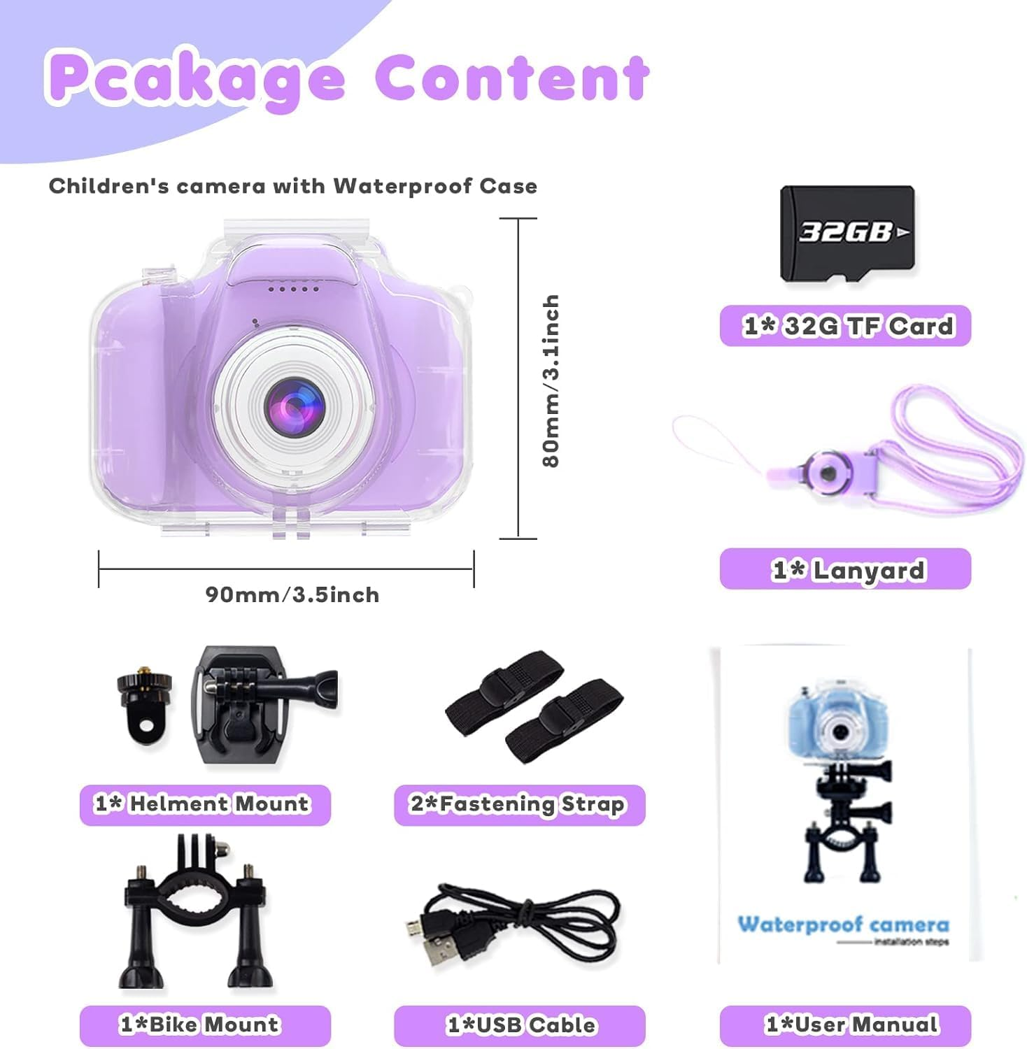 Kids Waterproof Digital Camera Gifts for 6 7 8 9 10 Year Old Action Kids Camera for Age 3-12 Christmas Birthday Gifts Underwater Video Recorder with 32GB SD Card (Sweet Purple) image number 1
