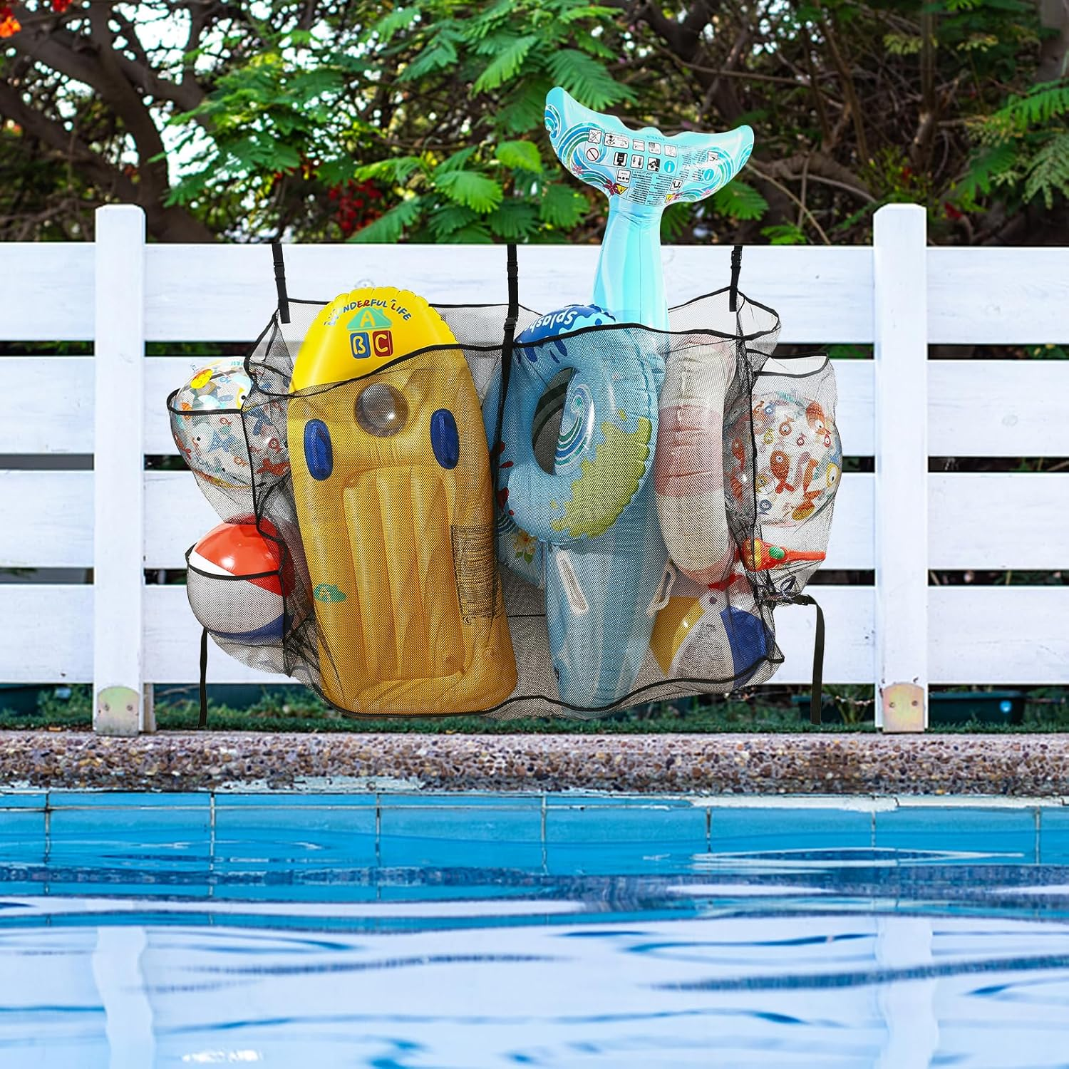 Pool Float Storage Bag,Adjustable Pool Toys Organizer Hanging Mesh Bag with 3 Side Pockets for Rafts,Balls,Floats,Inflatable Toys,High Strength Pool Toy Storage Net Bag,Swimming Pool Accessories image number 4