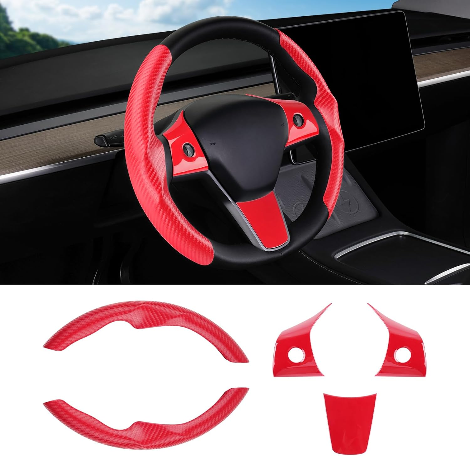Carbon Fibre Steering Wheel Cover for Tesla Model 3/Y 2016-2025, Anti-Slip, Comfortable Grip, Breathable, White