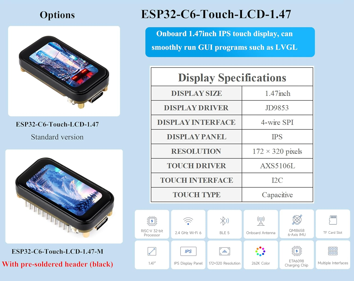 ESP32-C6 1.47Inch Touch Display Development Board, 172X320 Resolution IPS LCD, 262K Display Color, Supports W-F-I 6 / BLE 5, 160Mhz RISC-V Processor, Type-C, Suitable for Aiot Applications image number 1