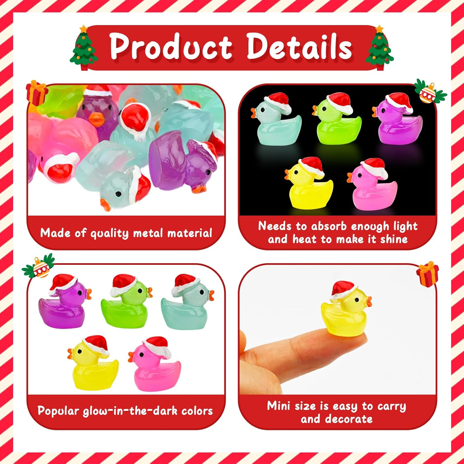 50Pcs Christmas Mini Ducks Miniature, 5Colors Luminous Ducks Figurines Wtih Christmas Hat, Figures Ornament for Micro Landscape Dollhouse Miniature Statue Landscape Craft Cake Topper image number 6