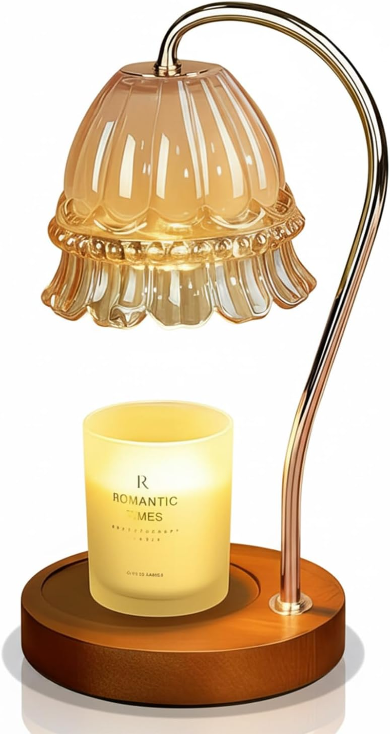 Vintage Candle Warmer - Aromatherapy Lamp with Timer | 4-Level Dimming and Infinite Dimming | Glass Shade | Wooden Base | Includes Two 50W G10 Halogen Bulbs | Elegant Home Decor (Yellow) image number 4