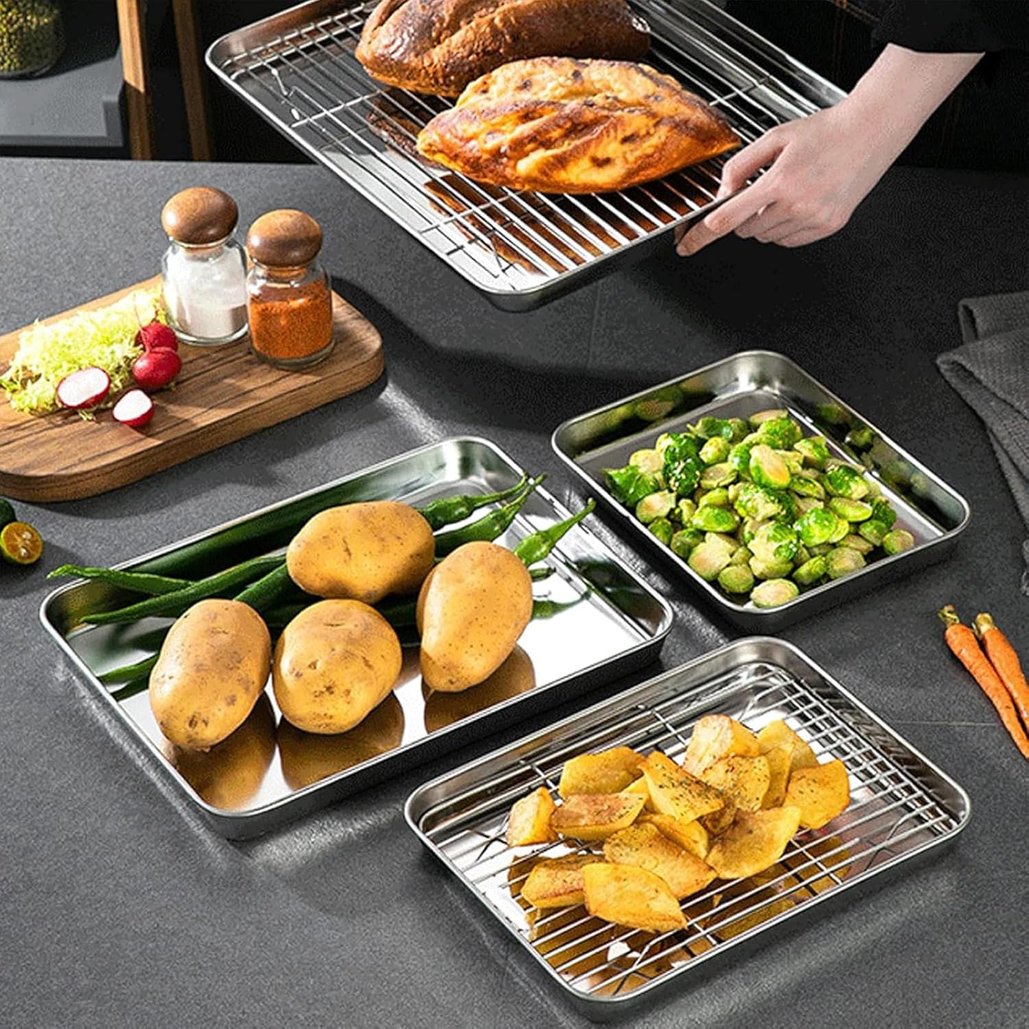 9 X 6.9 X 0.98 Inch Baking Sheets and Racks Set, Stainless Steel Baking Sheet Oven Tray and Cooling Gridrack for Cookies and Meats(Pans + Racks) image number 4