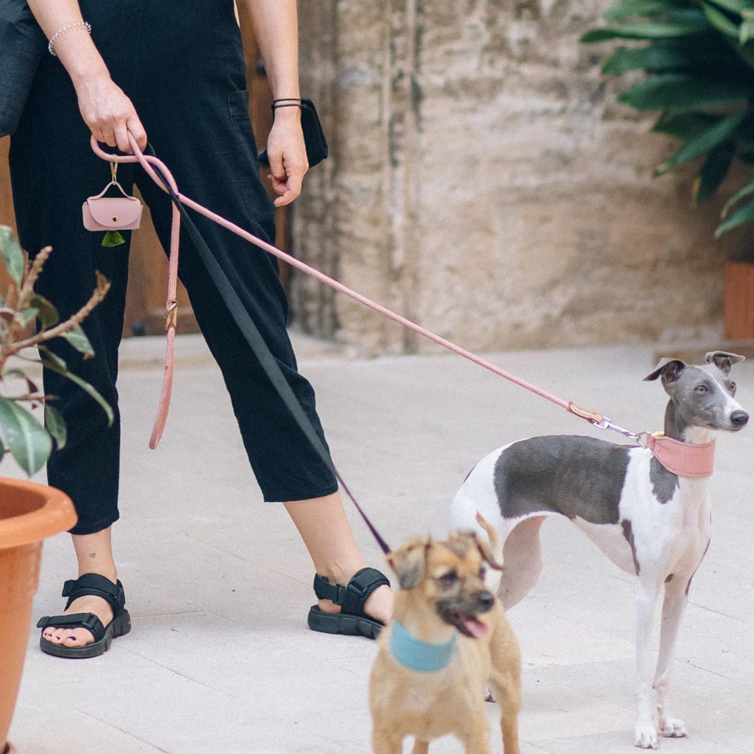 Leather Poop Bag Holder Dispenser for Leash, Portable and Reusable Dog Poop Bag Dispenser, Dog Bag Holder for Walking, Outdoor, Travelling (Pink)