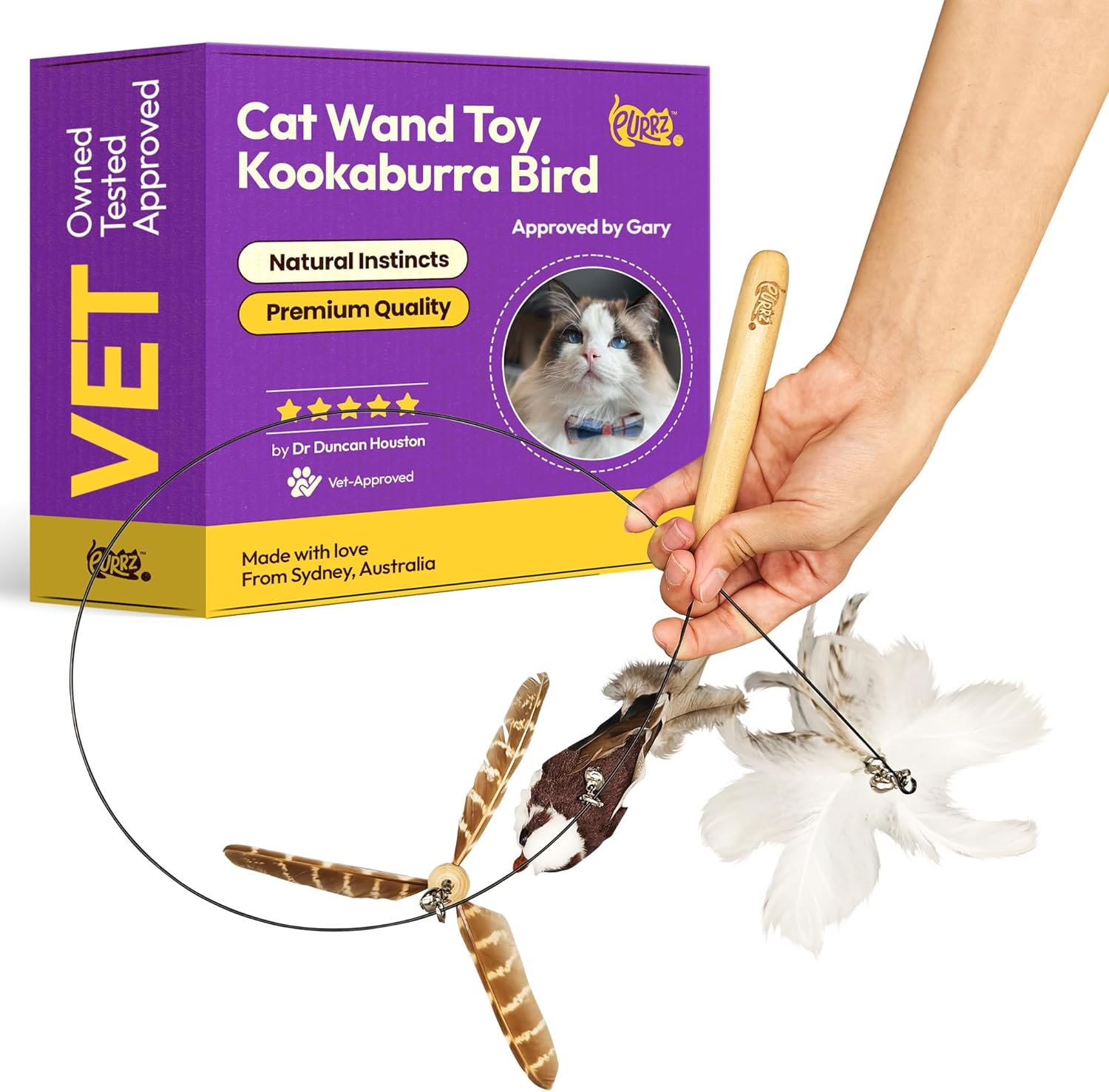Cockatoo Wand Toy Set &ndash; Interactive Cat Wand with Wooden Handle & 6 Feather Attachments, Includes 2 Bird Toys, 2 Jingle Jangle Toys & 2 Helicopter Feather Toys &ndash; Vet Designed