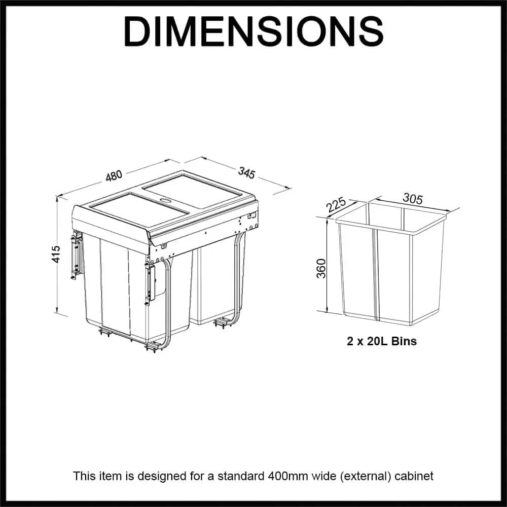 Domestique 40L Twin Slide Out Concealed Waste Bin with Soft Close - for a 400Mm Cabinet - Bottom Mounted - Includes Optional Door Bracket image number 3