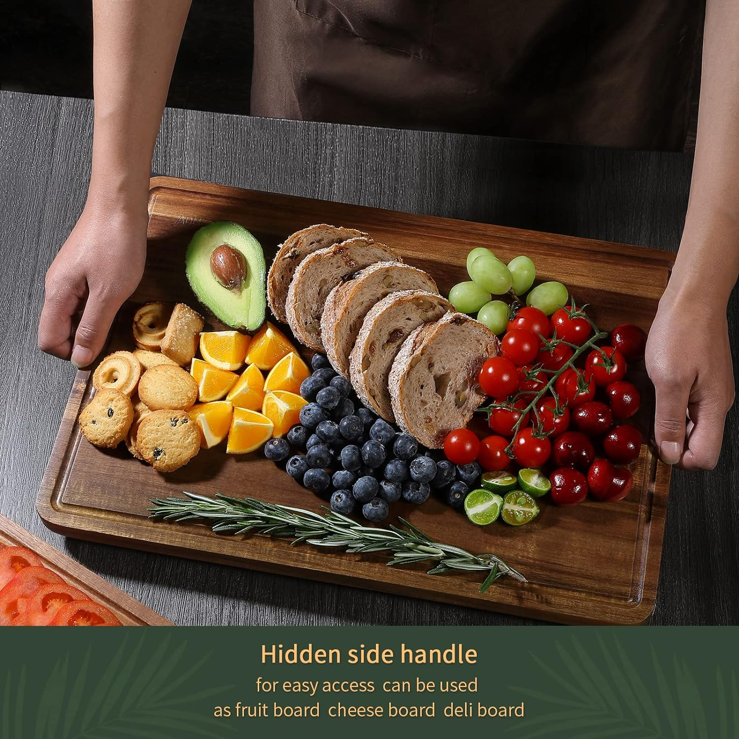 Wood Cutting Boards Set of 3 for Kitchen, Thick Chopping Board, Large Wooden Cutting Board Set with Deep Juice Groove and Handles, Wooden Trays for Meat, Fruit and Cheese image number 2