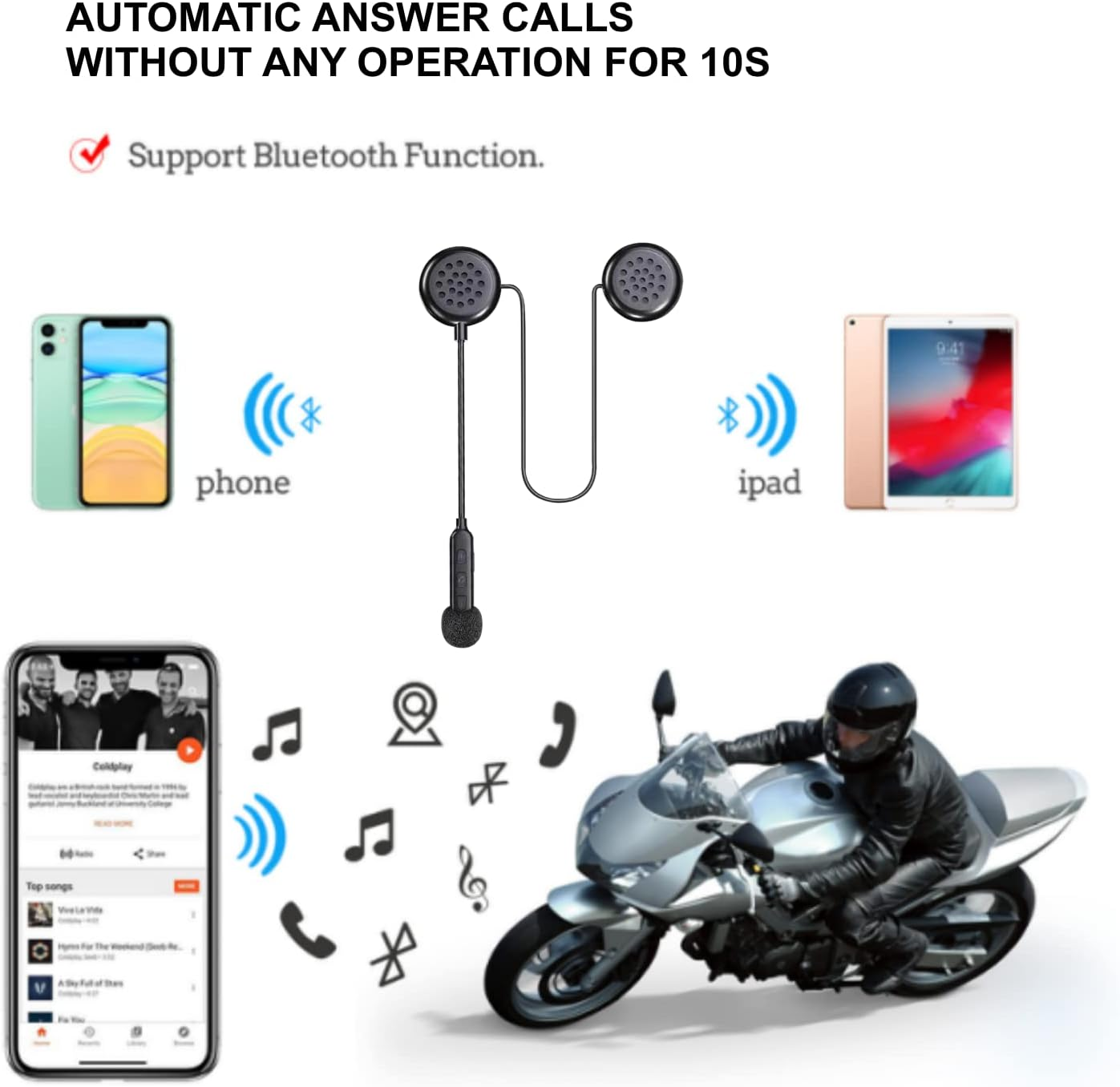 Motorcycle Helmet Bluetooth Headset with Bluetooth 5.0 Ultra-Thin Wireless Helmet Earphone Hands Free Music Call Control Waterproof Helmet Speaker for Motorbike Sport Cycling/Skiing/Riding image number 2