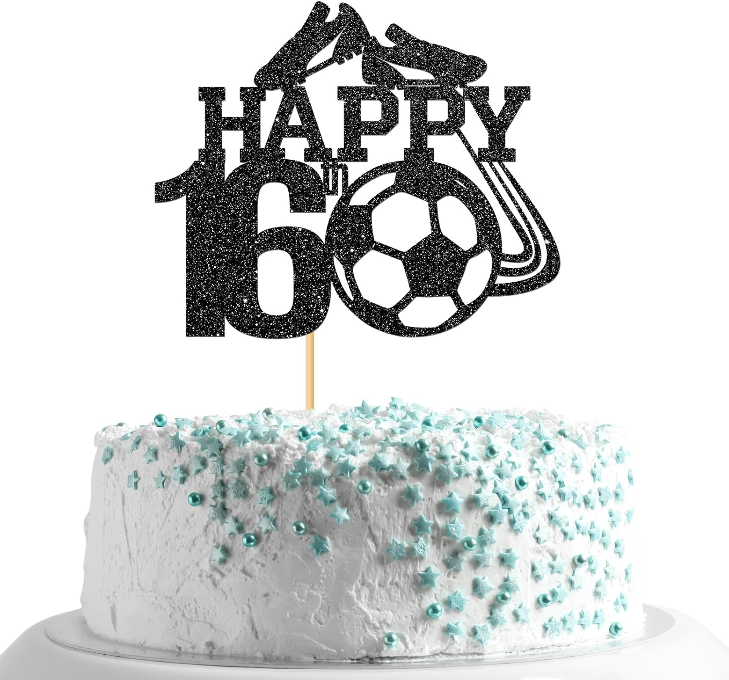 Monmon & Craft Soccer 16Th Birthday Cake Topper/Sport Theme Soccer Ball Cake Docer/Soccer Player Boy 16Th Birthday Party Decorations - Black Glitter