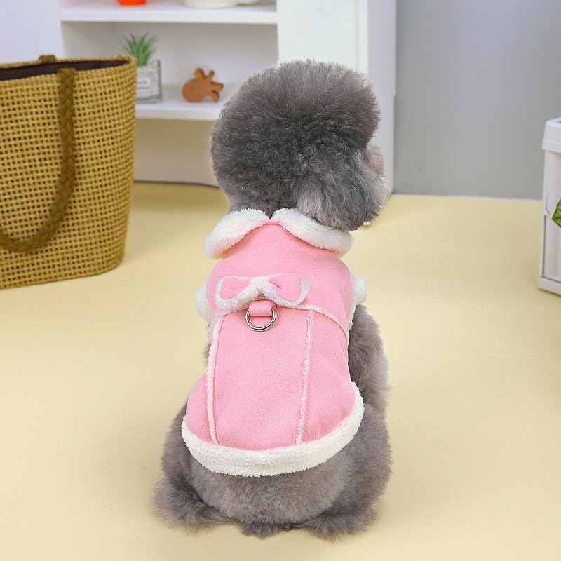 Fleece Dog Coat for Small Dog Girls, Pet Harness Jacket with Bow and D-Ring, Soft Vest Fall Winter Clothes with Fuzzy Collar Yorkie Cat Apparel (Pink, S) image number 5