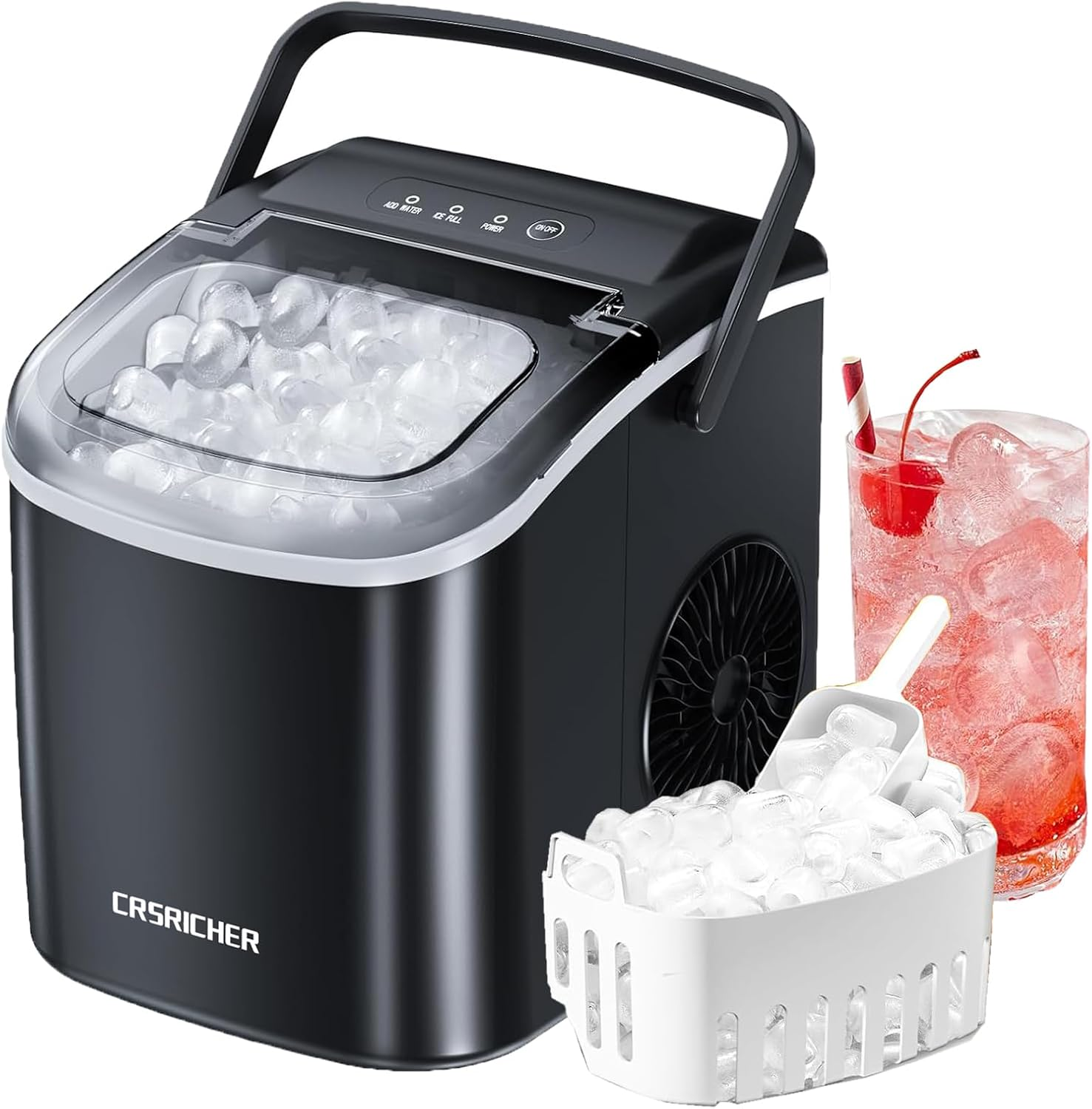 Ice Maker for Countertop, 1.2L 12KG Stainless Steel Portable Icemaker Cube Makers, 26Lbs Ice/24Hrs, with Self-Cleaning Feature, Ice Spoon and Basket, for Home, Kitchen, Camping, Party (Black) image number 2