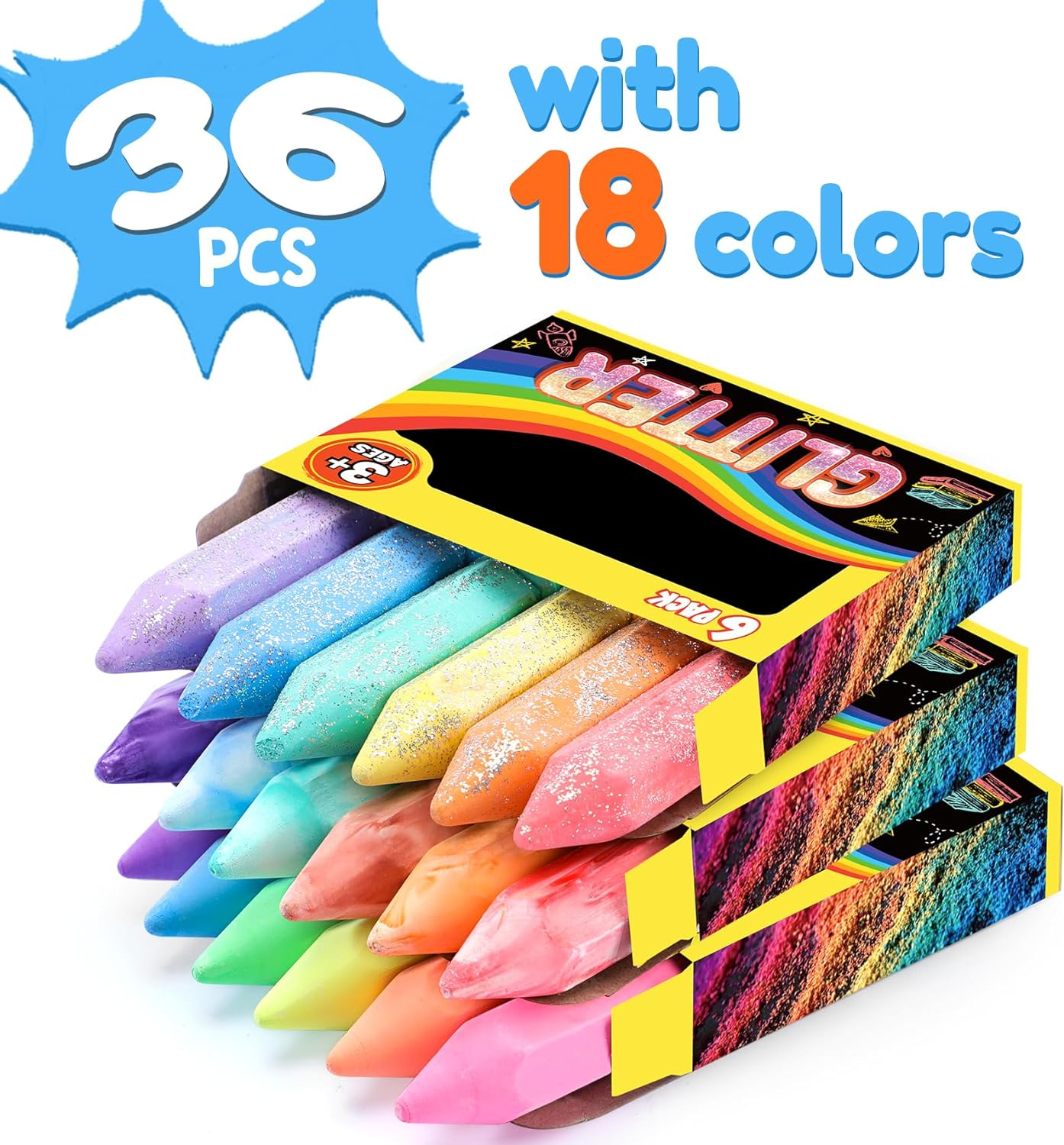 36 PCS Washable Sidewalk Chalks Set in 6 Packs, 18 Colors, Including 12 Tie Dye Sidewalk Chalks, 12 Glitter Chalks & 12 Neon Color Chalks