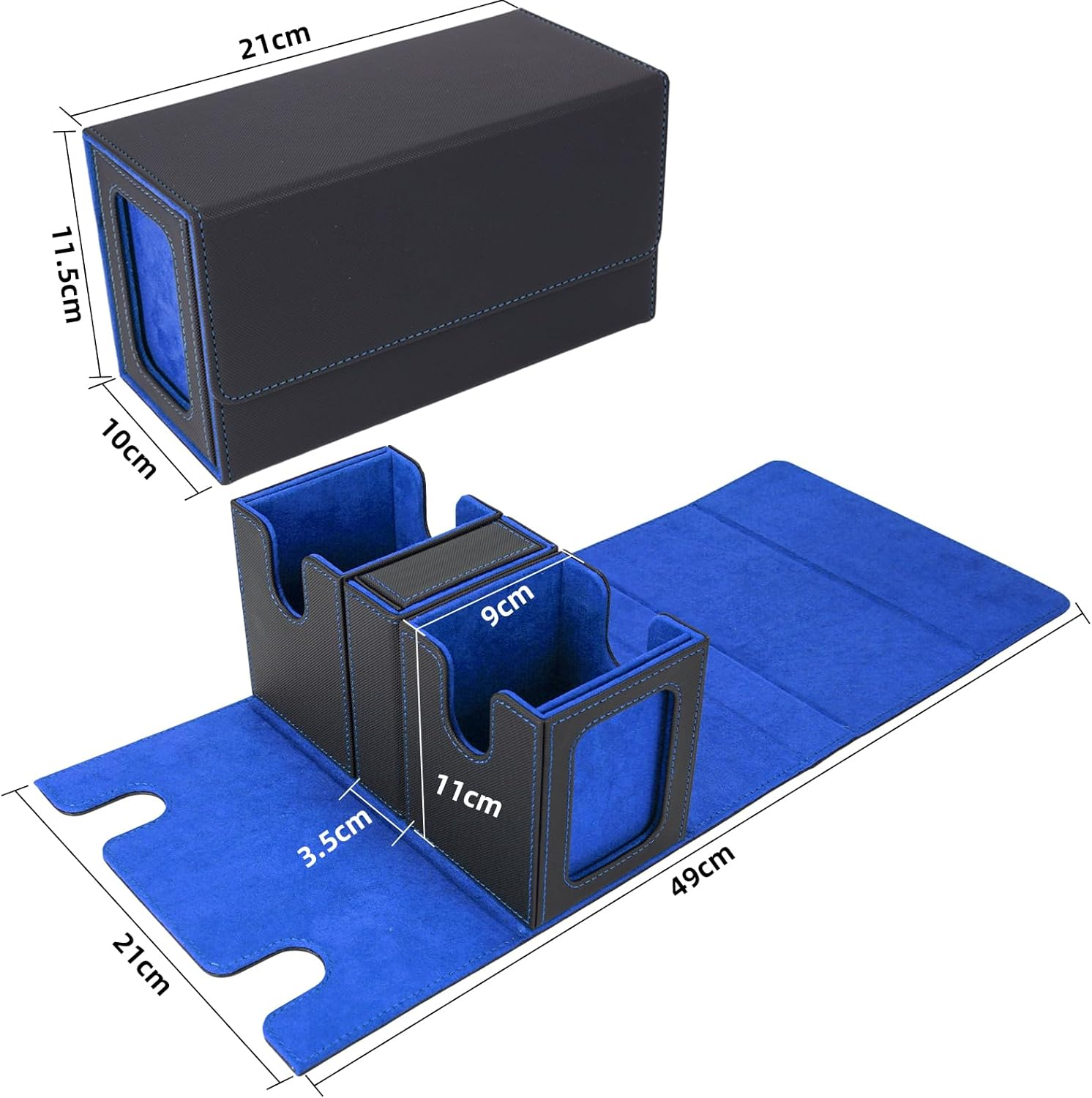 AFIING MTG Commander Card Storage Box - Fits 200 Double Sleeved Cards,3-In-1Card Deck Case,Strong Magnet Card Organizer for Magic Commander TCG Ccg,4Dividers &2 Toploaders, Black/Blue image number 4