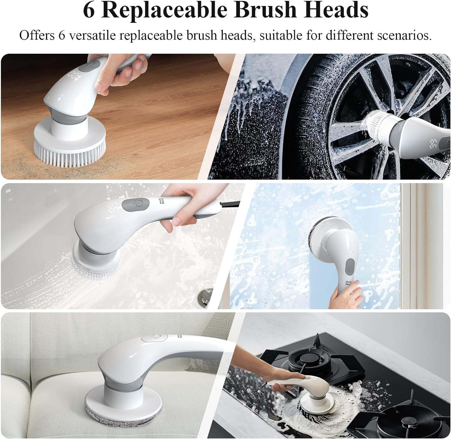 Minthouz Electric Spin Scrubber, Bathroom Cleaner with 6 Replaceable Brush Heads & 2 Adjustable Speeds, IP67 Waterproof Shower Cleaner,Handle Cleaning Brush for Tub Tile Floor Kitchen Bathroom image number 5
