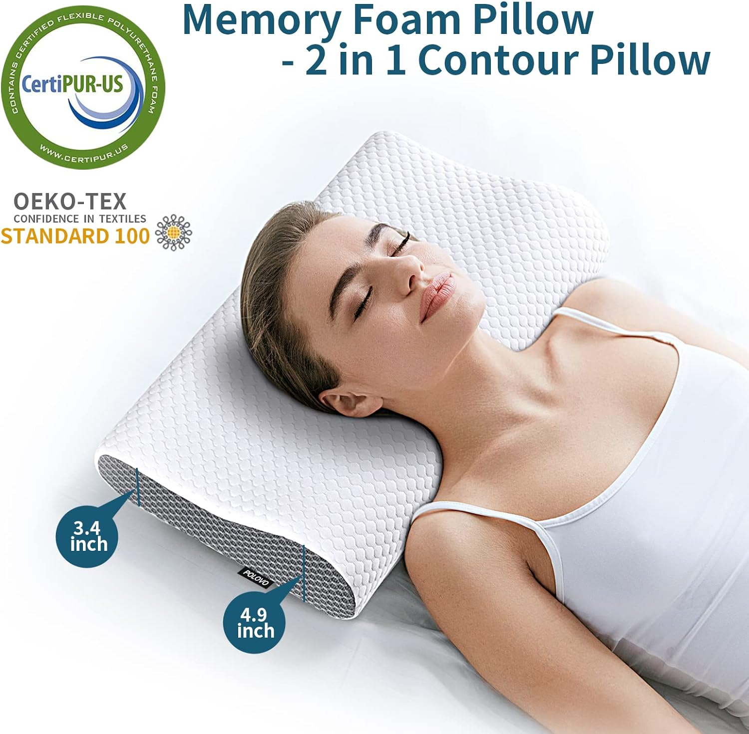 Polovo Neck Contour Memory Foam Pillows for Pain Relief Bed Pillow Sleeping, Ergonomic and Shoulder Pain, Orthopedic Cervical Side Back Stomach Sleeper, White&Grey, (KD220) image number 4