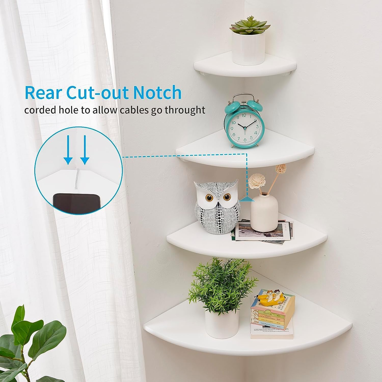 Corner Shelf, White Floating Corner Shelf, Set of 2 16Inch Solid Oak Wood Corner Wall Shelves, round End Wall Mount Display Shelf with Wire Hole for Small Plant for Bedroom Kitchen, Living Room image number 7