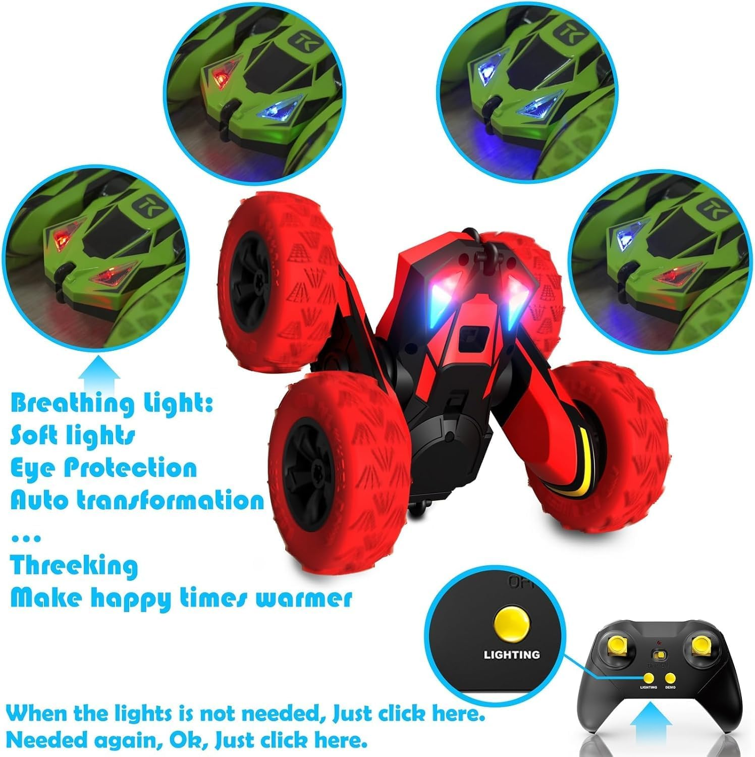 Threeking RC Stunt Cars Remote Control Car with Lights Double-Sided Driving 360-Degree Flips Rotating Car Toy Gifts Presents for Kids Ages 6+, Red - Red image number 4
