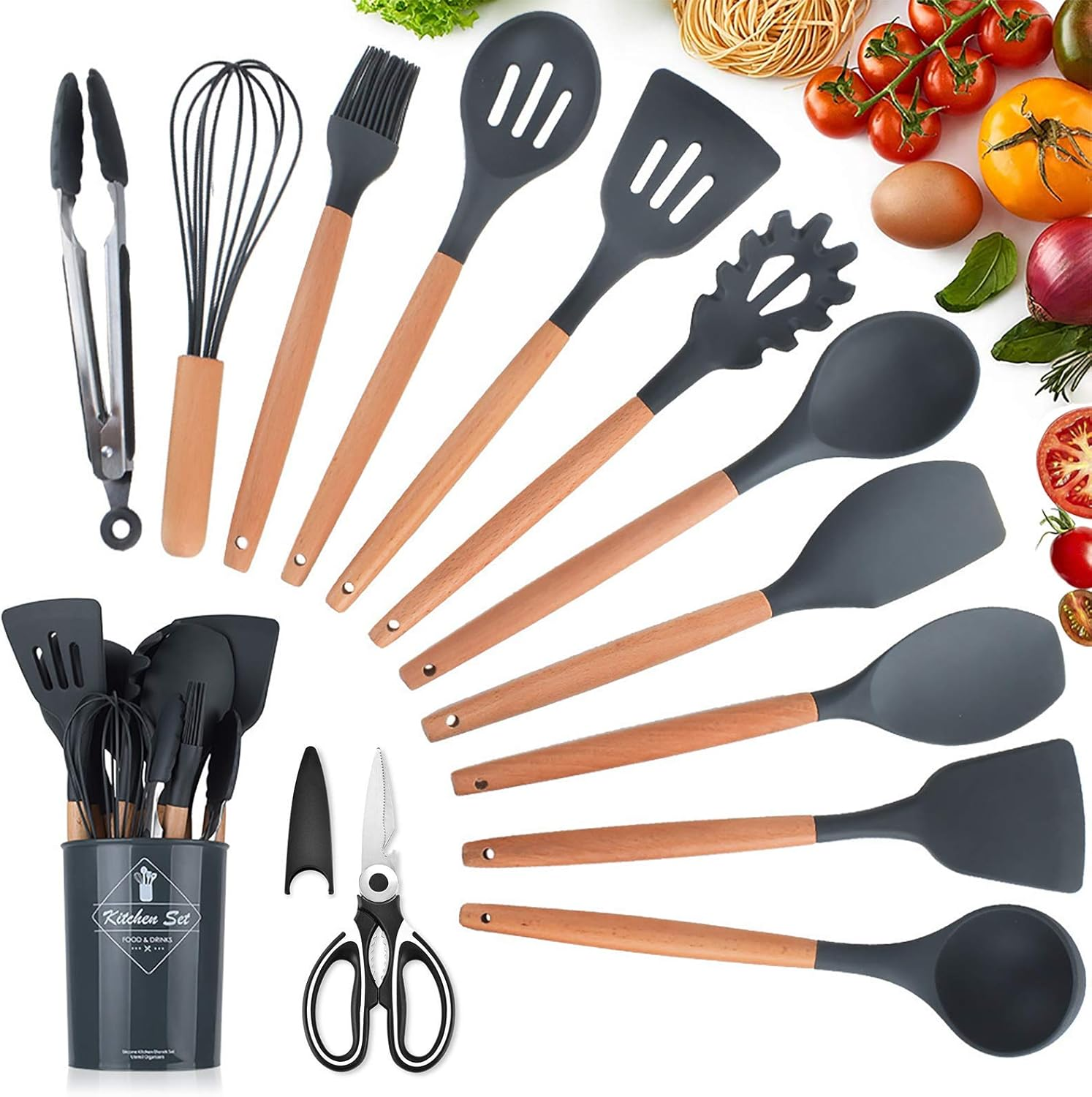 Kagoling Kitchen Utensil Set, Non-Stick Heat Resistant Kitchen Utensil Set, Silicone with Wooden Handle, 13 Pieces, Kitchen Utensils Including Spoons, Tongs, Whisk, Spatula