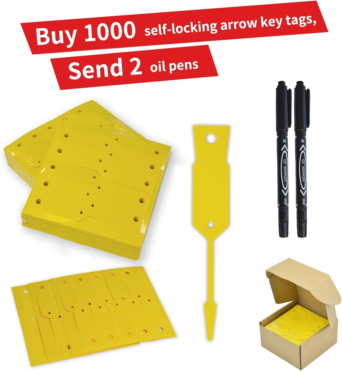 N.Gracia 1000 Pieces Self Locking Arrow Key Tags Car Key Labels Self Lock Key Identifierscar Parts Tags with 2Pcs Oil-Based Black Pens for Office Automotive Shop Supplies, 4 1/2" X 3/4" (Yellow) image number 3