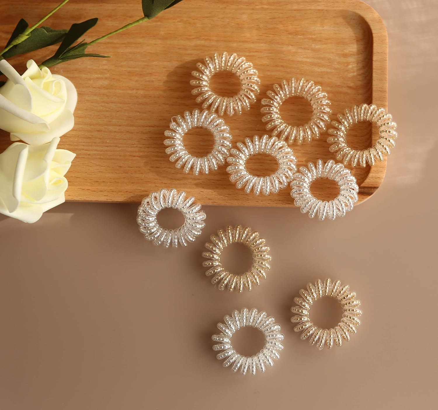 Spiral Hair Ties,Pcoils Hair Ties,Phone Cord Hair Bands,Yoozi No Damage Crease Plastic Ponytail Holder Hair Coil Headband for Woman/Girl,10 Pcs (Silk+Gold(Beaded Version)) image number 6