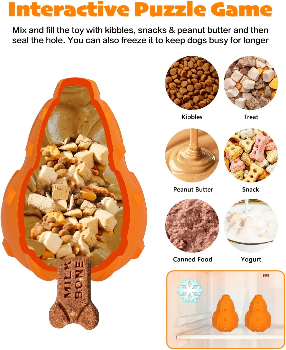 Treat Dispensing Dog Toy, Interactive Puzzle Feeder Fillable Enrichment Toys, Tough Rubber Puppy Chew Toy for Small Medium Dogs (Orange) image number 1