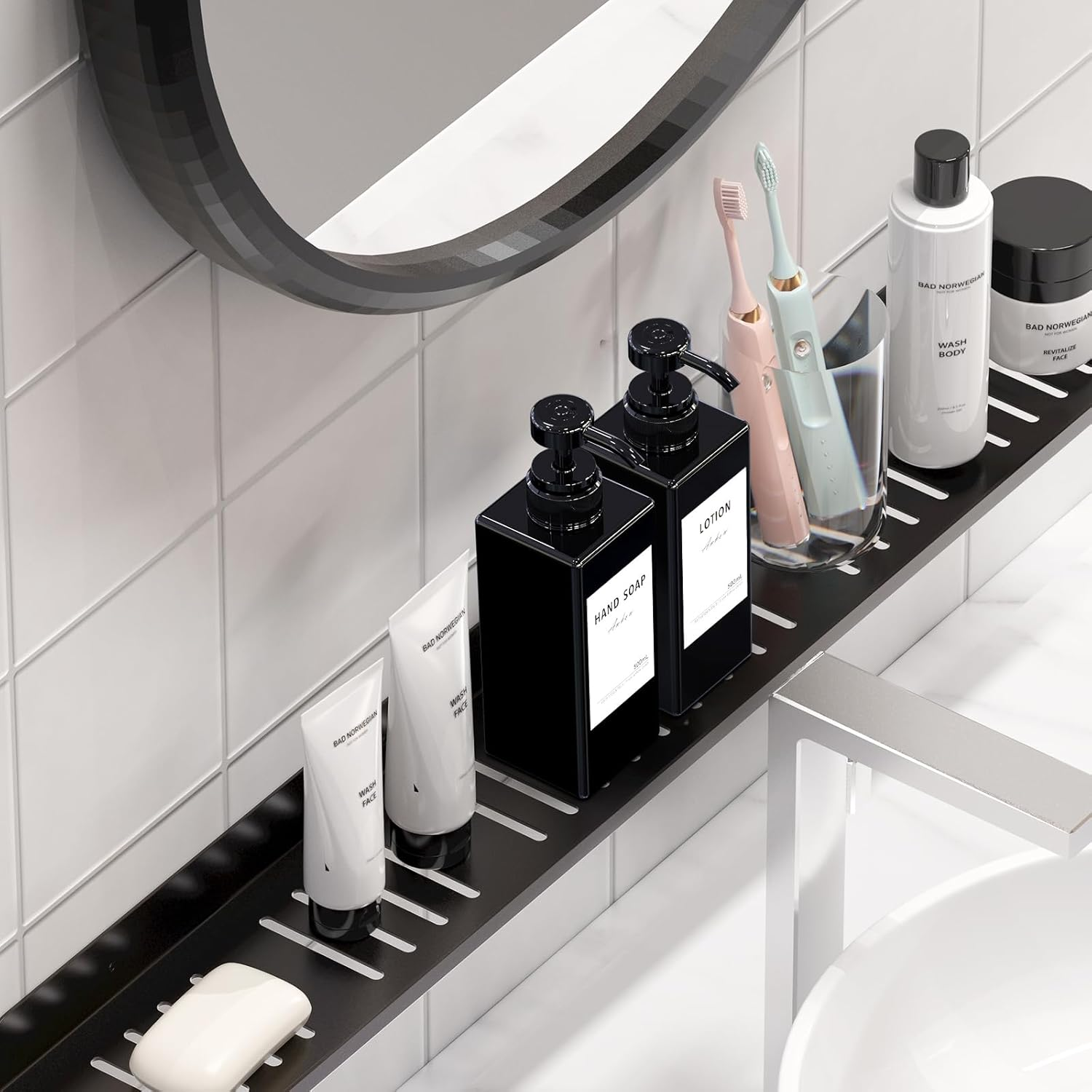 3 Soap Dispensers, Shampoo and Conditioner Dispenser Hand Soap Body Wash Refillable Bottles with Waterproof Category Labels for Shower/Kitchen/Bathroom Lotion Dispensing- Black / 500 Ml image number 3