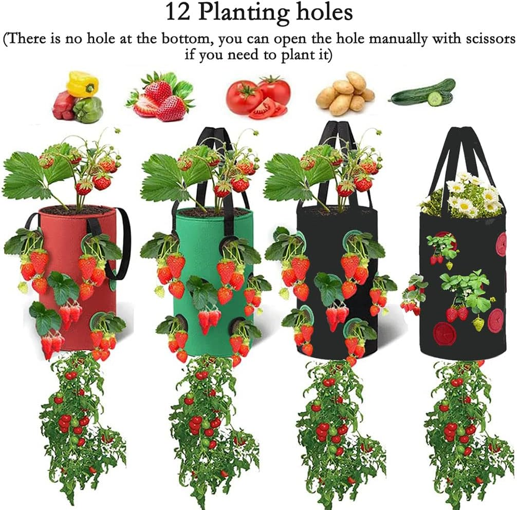 4 Pcs Upside down Strawberry Planter 3 Gallon Hanging Strawberry Planter Bags and 4 Hooks, Sturdy Hanging Handle Thickened Breathable Felt Cloth for Herb Tomato Hot Peppers Vegetables (4Pcs 3Gal) image number 4