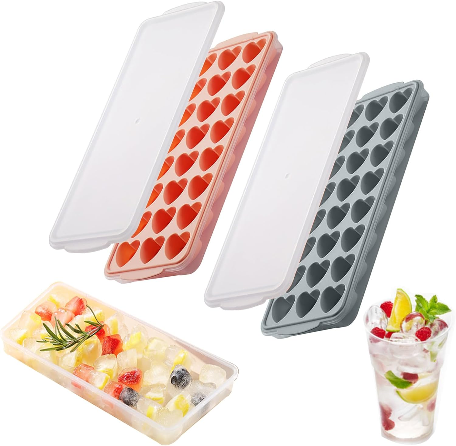 2 Pack Heart-Shaped Ice Cube Trays with Lid and Bin - 48 Holes Silicone Mini Heart Ice Cube Tray, BPA Free and Dishwasher Safe, Fun Shape Ice Cube Mold, Easy to Remove