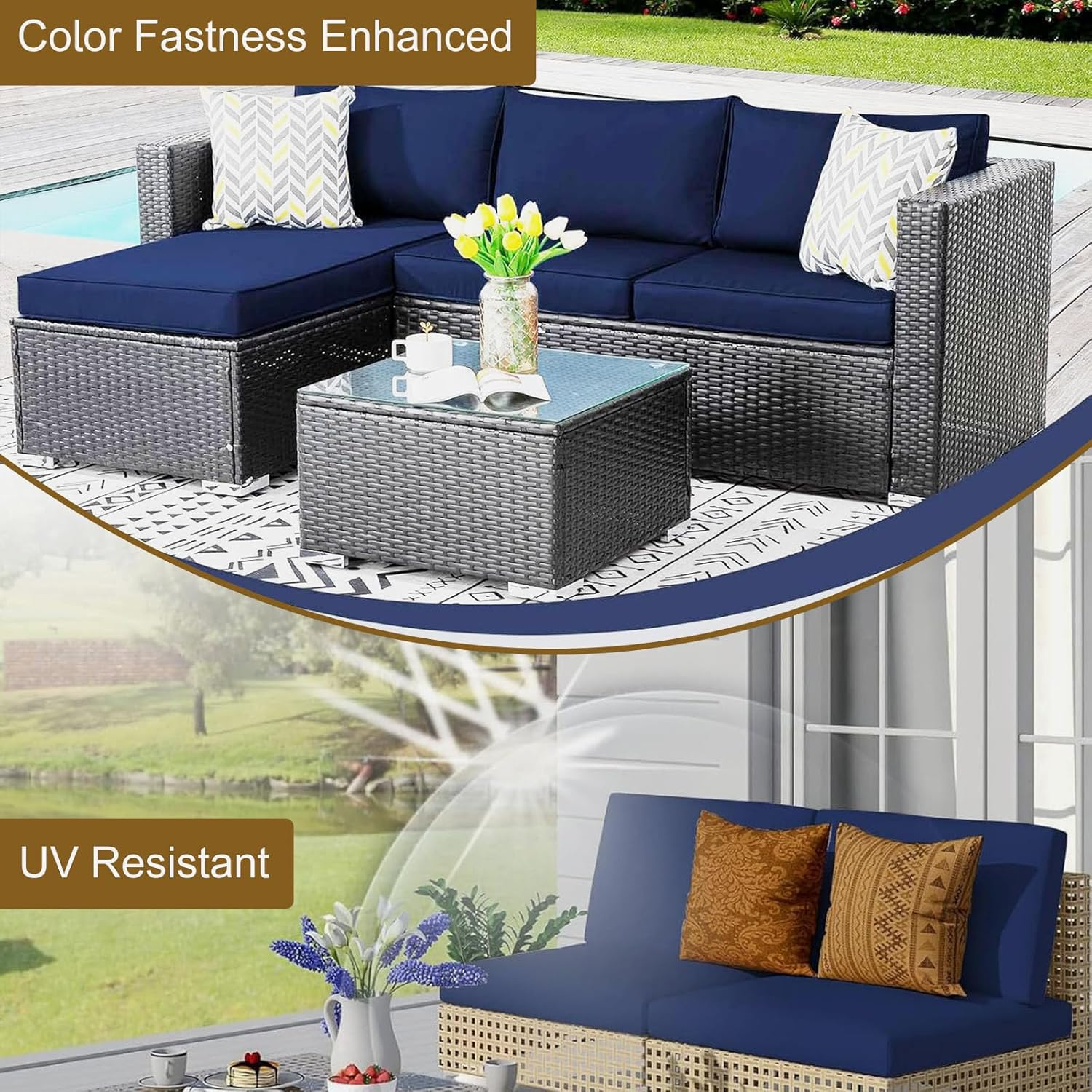 14 Piece Outdoor Patio Cushion Cover Replacement, Waterproof Patio Cushion Covers, Outdoor Furniture Cushion Covers Set for 6 Seat Wicker Rattan Sofa (Navy Blue) image number 5