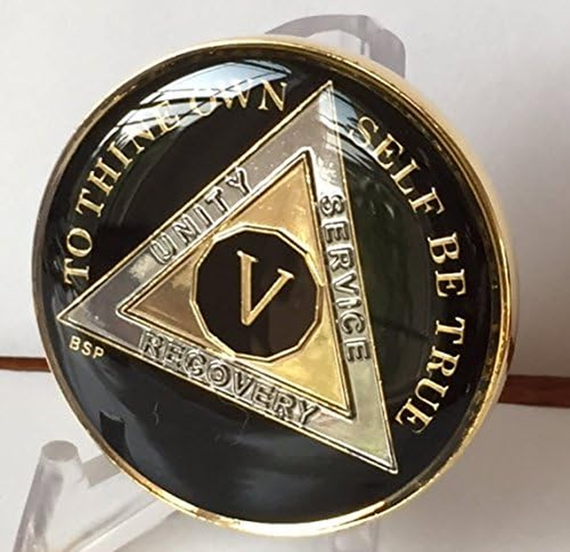 5 Year Classic Black AA Alcoholics Anonymous Medallion Sobriety Chip Tri Plate Gold & Nickel Plated Serenity Prayer image number 5