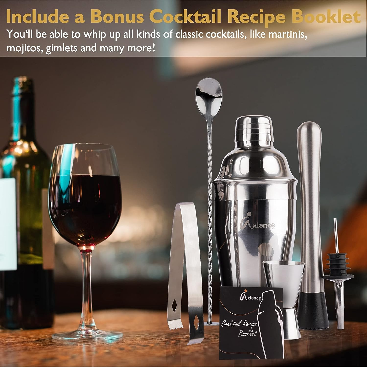 Cocktail Shaker Set 8 Pcs in Premium Packaging - Complete Cocktail Set - High Grade 304 Stainless Steel - 550Ml Cocktail Kit, Double-Sided Jigger - Including Cocktail Recipes Bonus image number 1