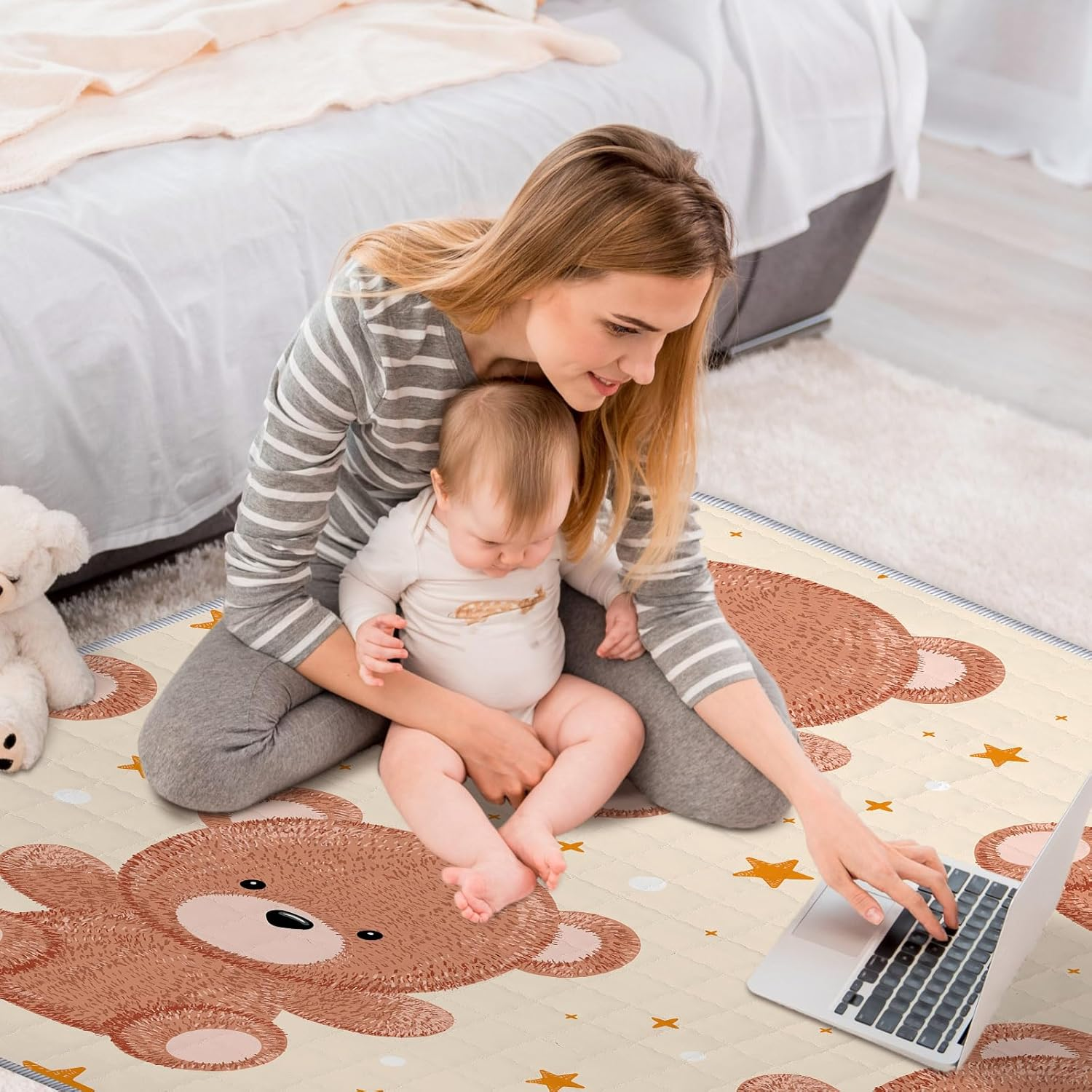 Funtery 43 X 43 Inch Boho Baby Play Mat Portable Crawling Washable Foldable Tummy Time Non Slip Baby Floor Large Playpen Mat for Infants Toddlers Floor Playpen Activity(Bear) image number 3