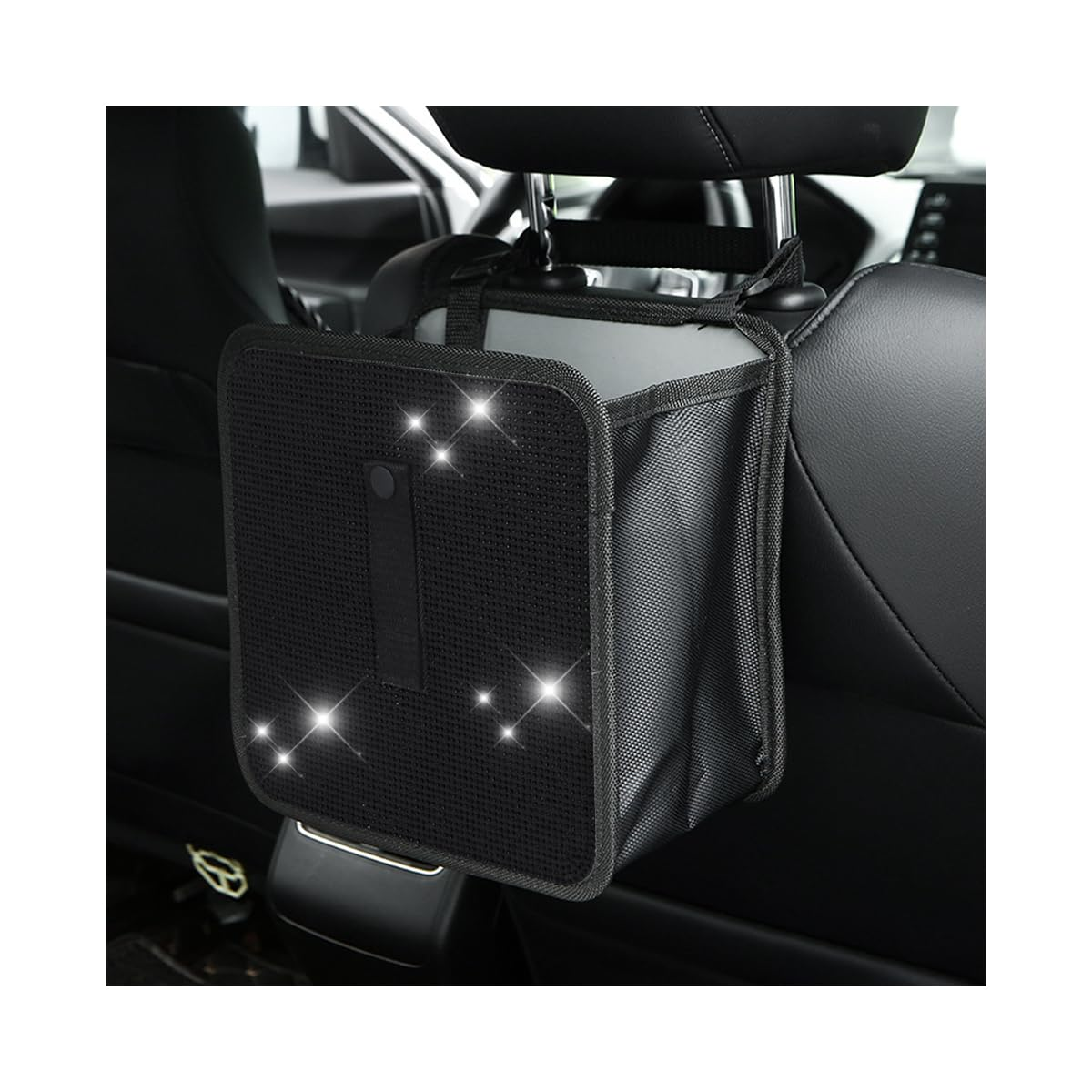 BELOMI Car Foldable Trash Can, Bling Rhinestone Crystal Auto Hanging Waterproof Leakproof Garbage Bin, Vehicle Waste Basket Dustbin, Multipurpose Car Organizer Accessories for SUV Truck RV (Black)