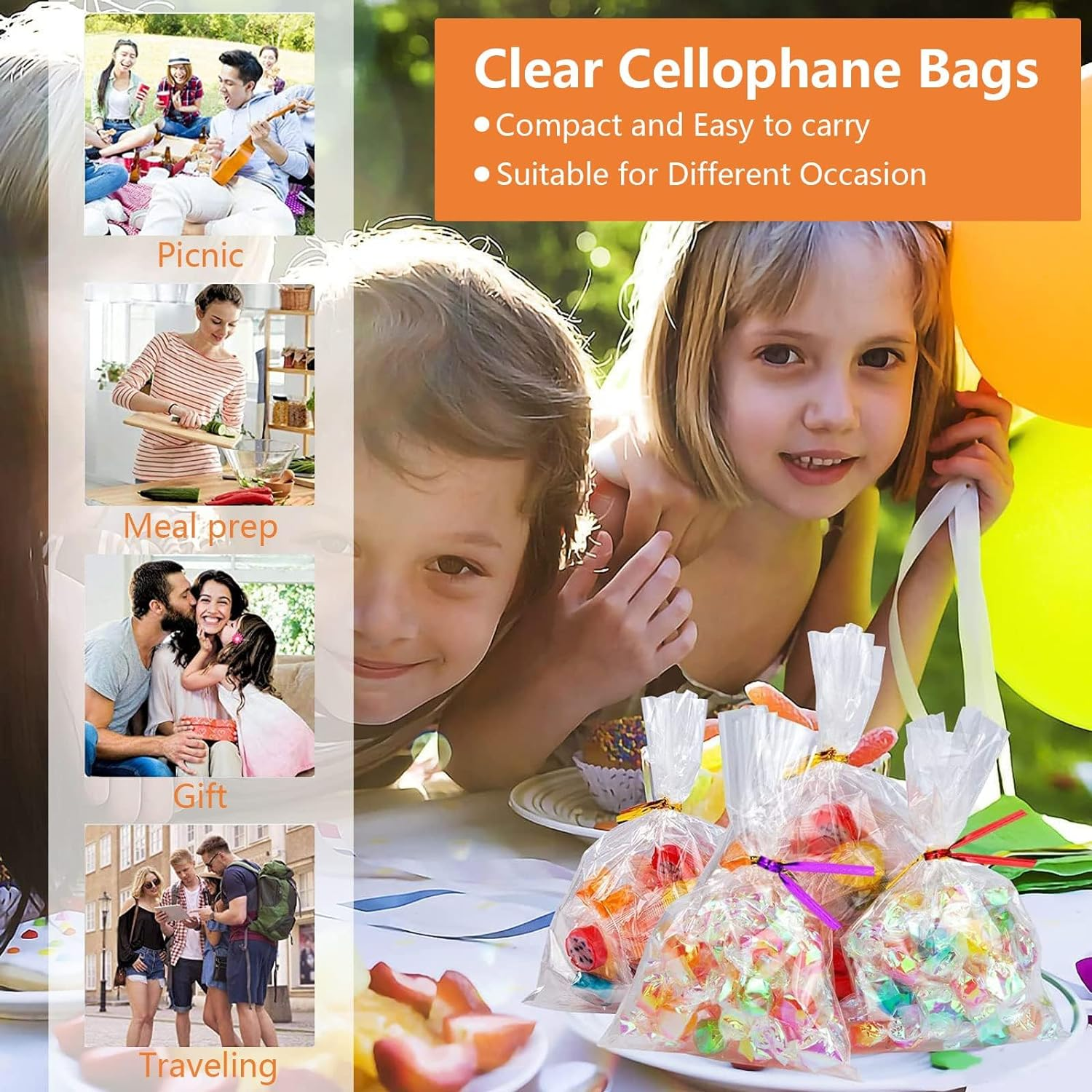 Transparent Cellophane Bag, 100 Pcs Cellophane Treat Bags with Twist Ties and Bows, Plastic Transparent Bags for Favor Candy Cookies (23Cm X 12.5Cm /9 * 4.9 Inches) image number 6