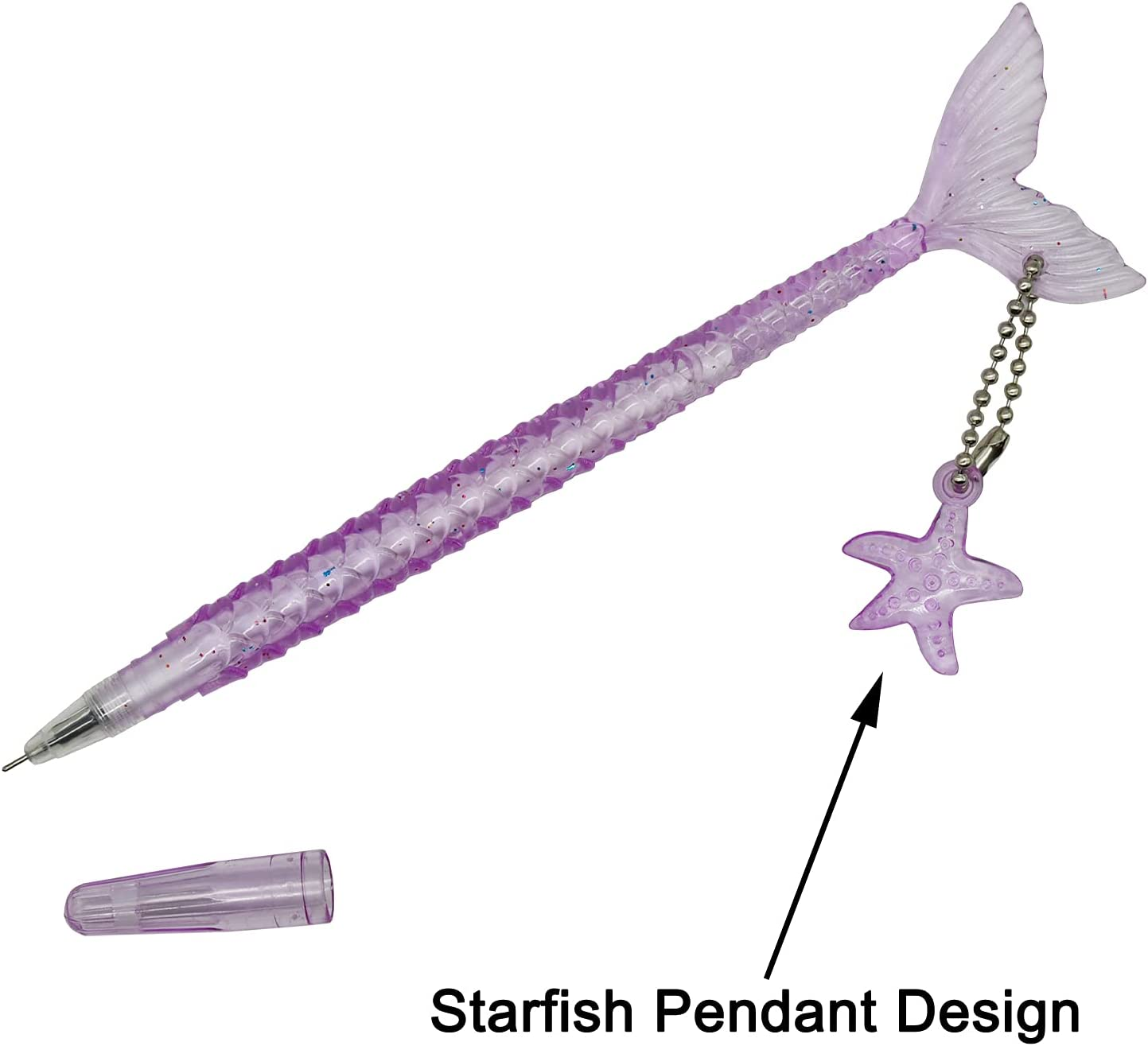 Maydahui 12PCS Cute Mermaid Shape Rollerball Pen Fish Pens Creative Crystal Flash Powder Starfish Pendant Signature Pen Black Gel Ink Design for School Student image number 3