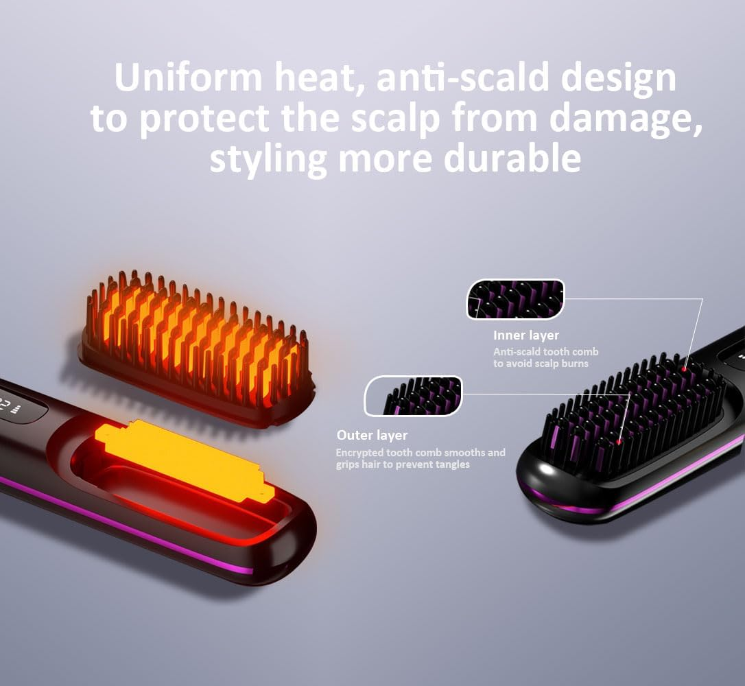 Wireless Ceramic Hair Straightening Comb, Portable Negative Ion Straightener, 1.77" X 7.87", Black image number 5