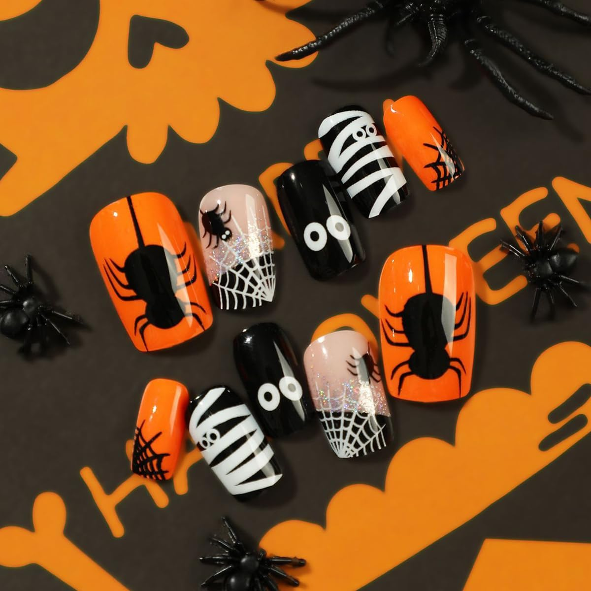 24Pcs Short Square Press on Nails Halloween Cute Fake Nails Black White Spider Web Cartoon Print Glossy Stick on Nails for Women DIY Manicure - Black Spider Web image number 7