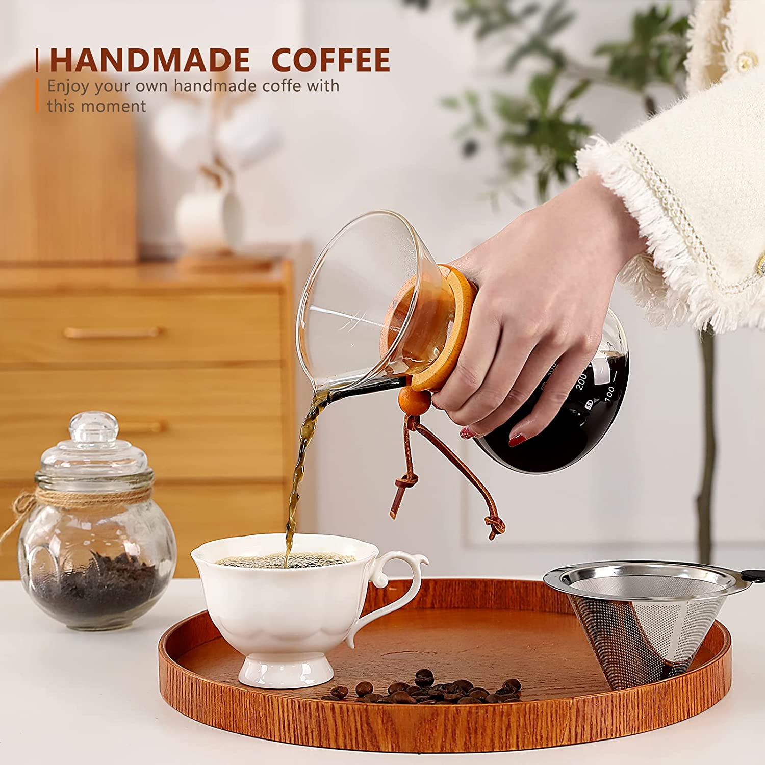 V60 Pour over Coffee Maker Glass Coffee Pot Manual Drip Coffee Brewer with Coffee Filter for Home, Travel (400 Ml, Brown)