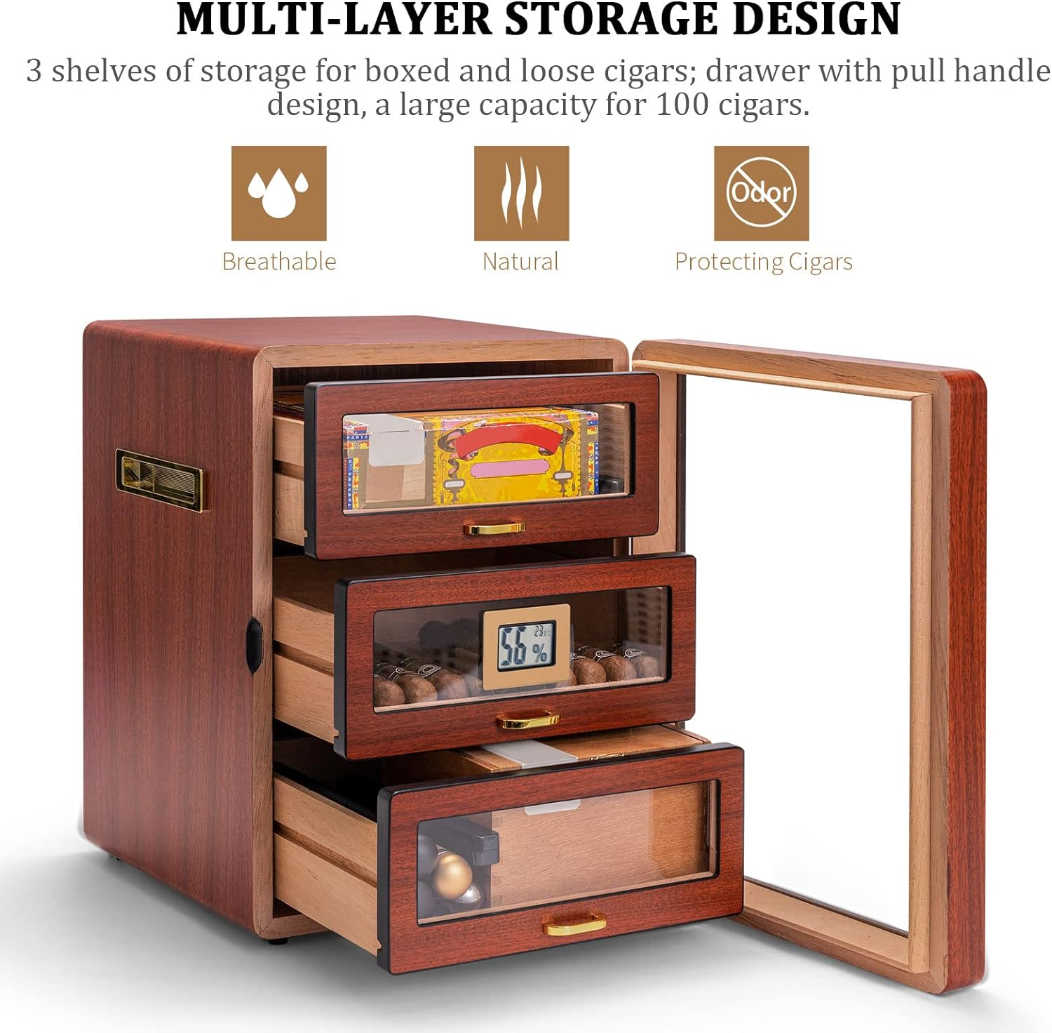 CIGARLOONG Cigar Humidor Cedar Wood 3 Drawers with Hygrometer and Humidifier Hidden Handle Moisturizing Box,Holds 100 Cigars Large Indoor Humidor(Brown2)