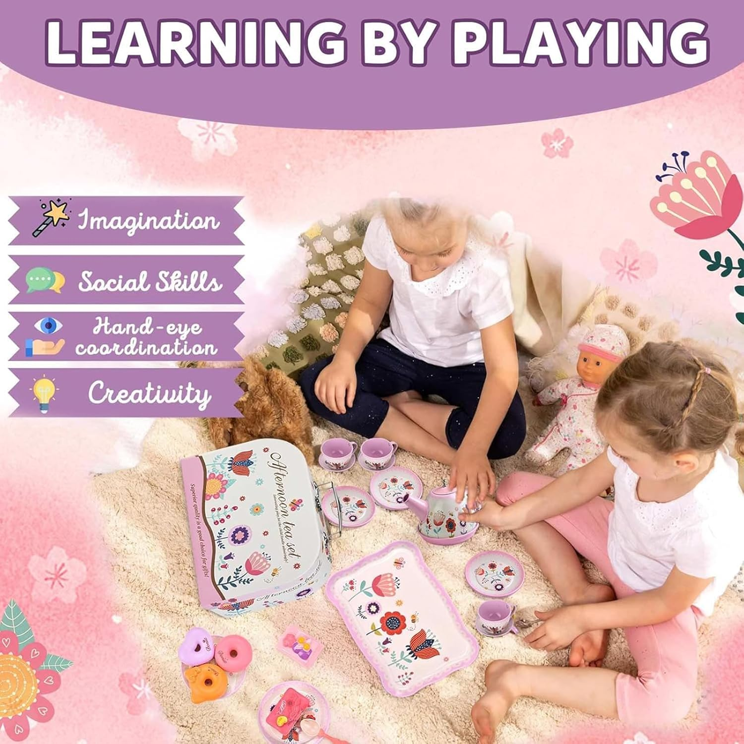 Tea Set for Little Girls, Birthday Gift for Age 3 4 5 6 Year Old, Toddler Toys Tea Party Set for Little Girls, Princess Kids Kitchen Pretend Toy with Tin Tea Set, Desserts & Carrying Case image number 5