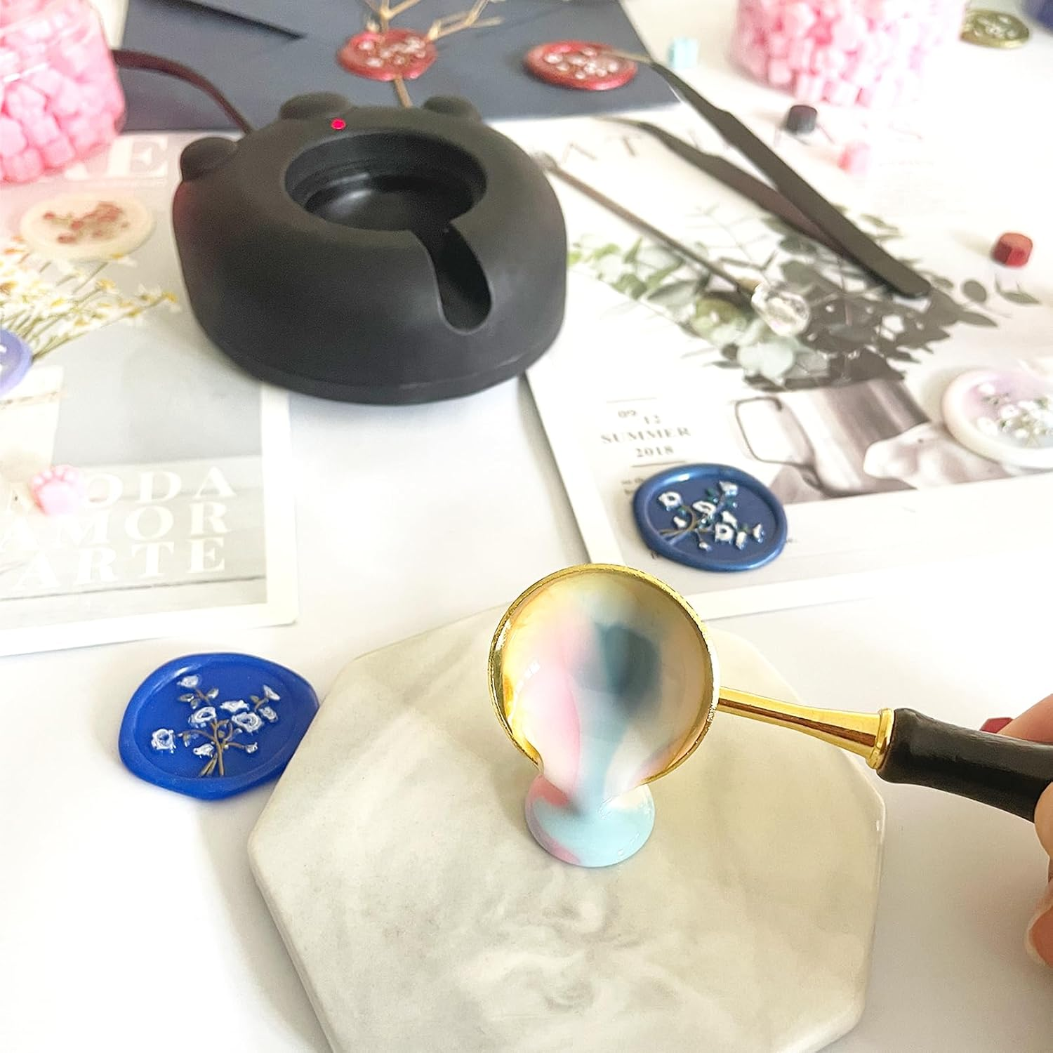 Black Electric Wax Seal Warmer Wax Seal Kit with Spoon, Tweezers and Stir Stick, Great Tool for Melting Wax Seal Sticks Sealing Wax Beads (01Black) image number 4